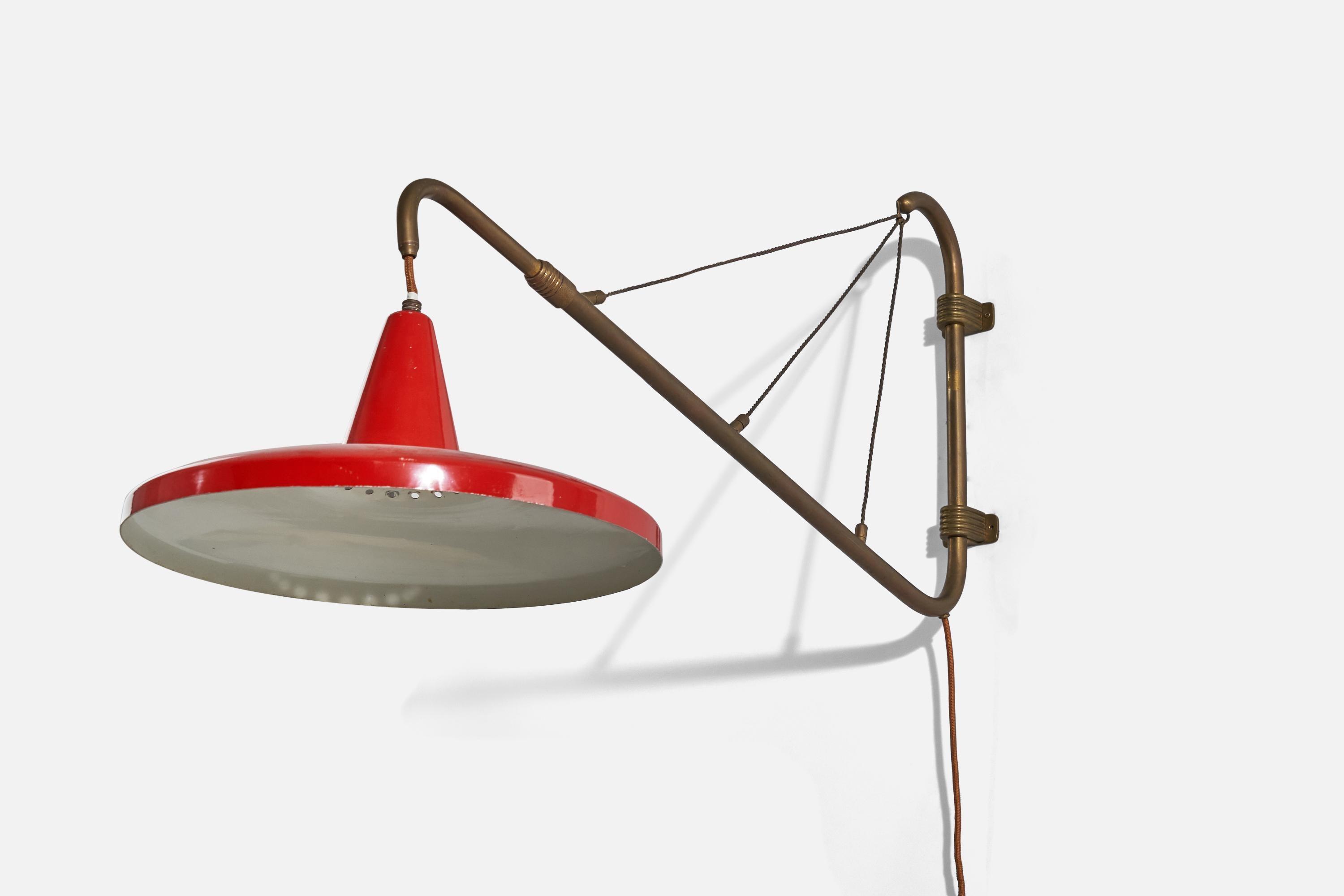 A brass and red lacquered metal wall light designed and produced in Italy, 1940s. 

Variable dimensions, measured as illustrated in the first image. 
Dimensions of back plate (inches) : 1.25 x 2.5 x 2 (H x W x D).