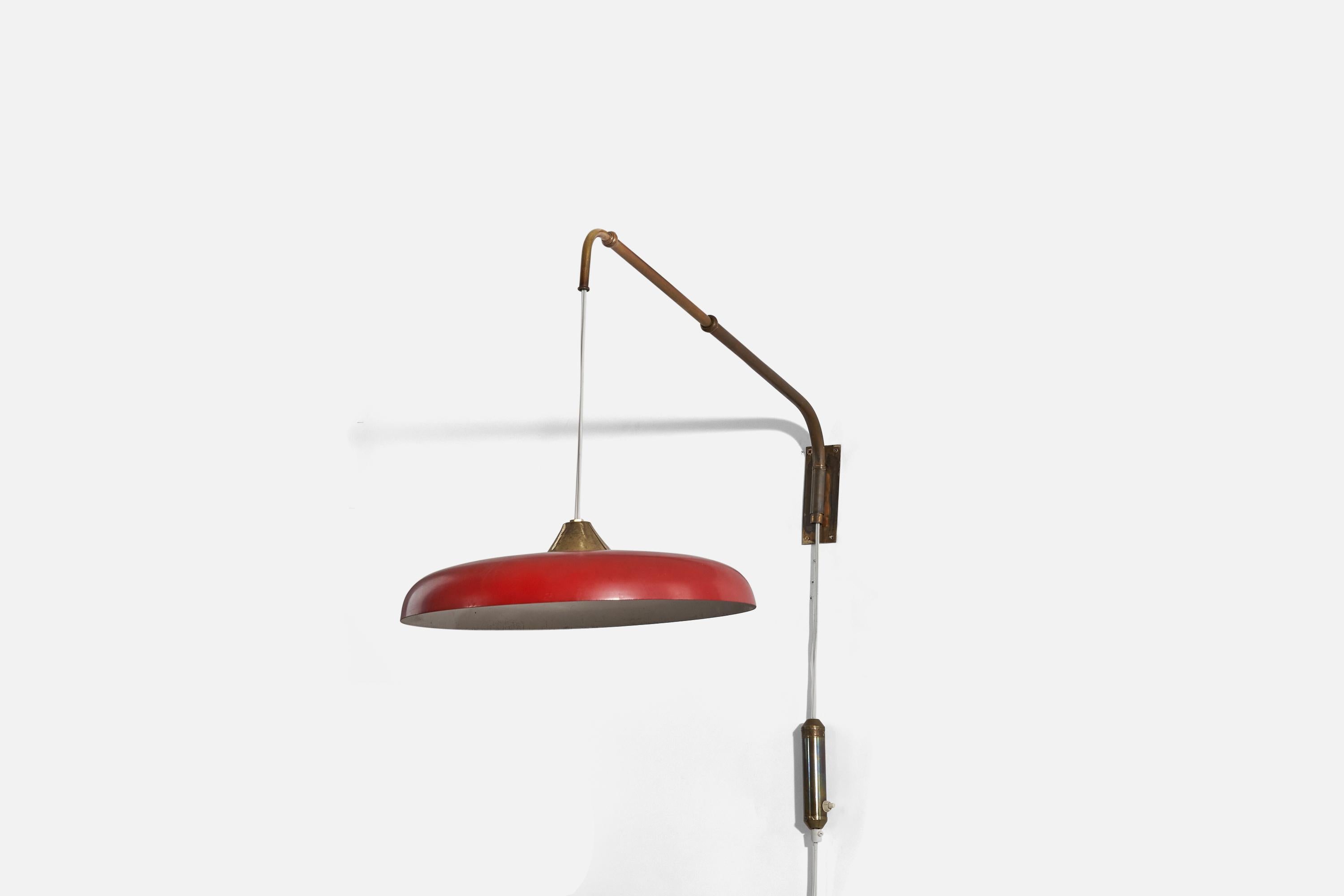 A brass and red lacquered metal wall light designed and produced in Italy, 1940s. 

Variable dimensions, measured as illustrated in the first image. 
Stated dimensions are taken from the counterweight to the top of the fixture. 
Dimensions of