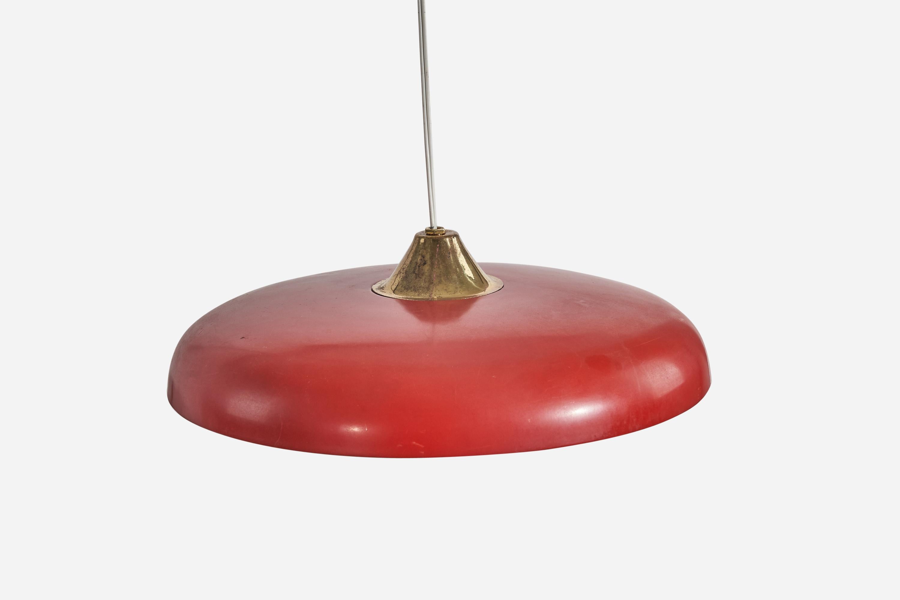 Mid-Century Modern Italian Designer, Wall Light, Brass, Red Lacquered Metal, Italy, 1940s For Sale