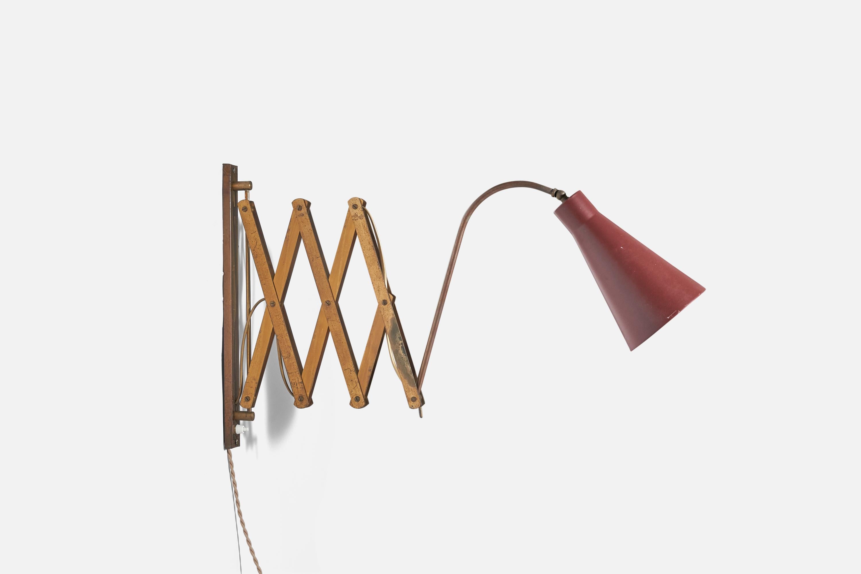 Mid-Century Modern Italian Designer, Wall Light, Brass, Red Lacquered Metal, Italy, 1940s For Sale