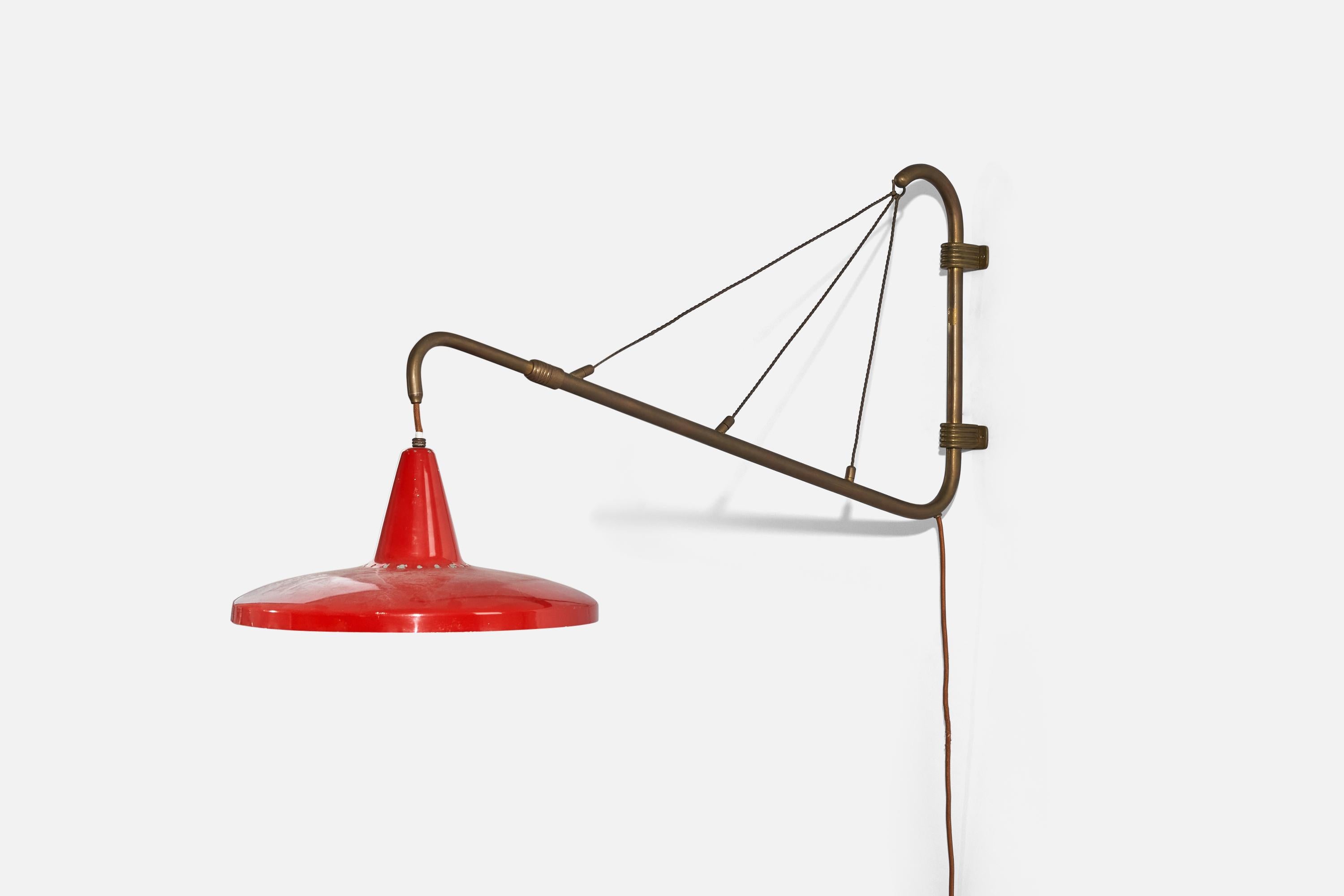 Mid-20th Century Italian Designer, Wall Light, Brass, Red Lacquered Metal, Italy, 1940s For Sale