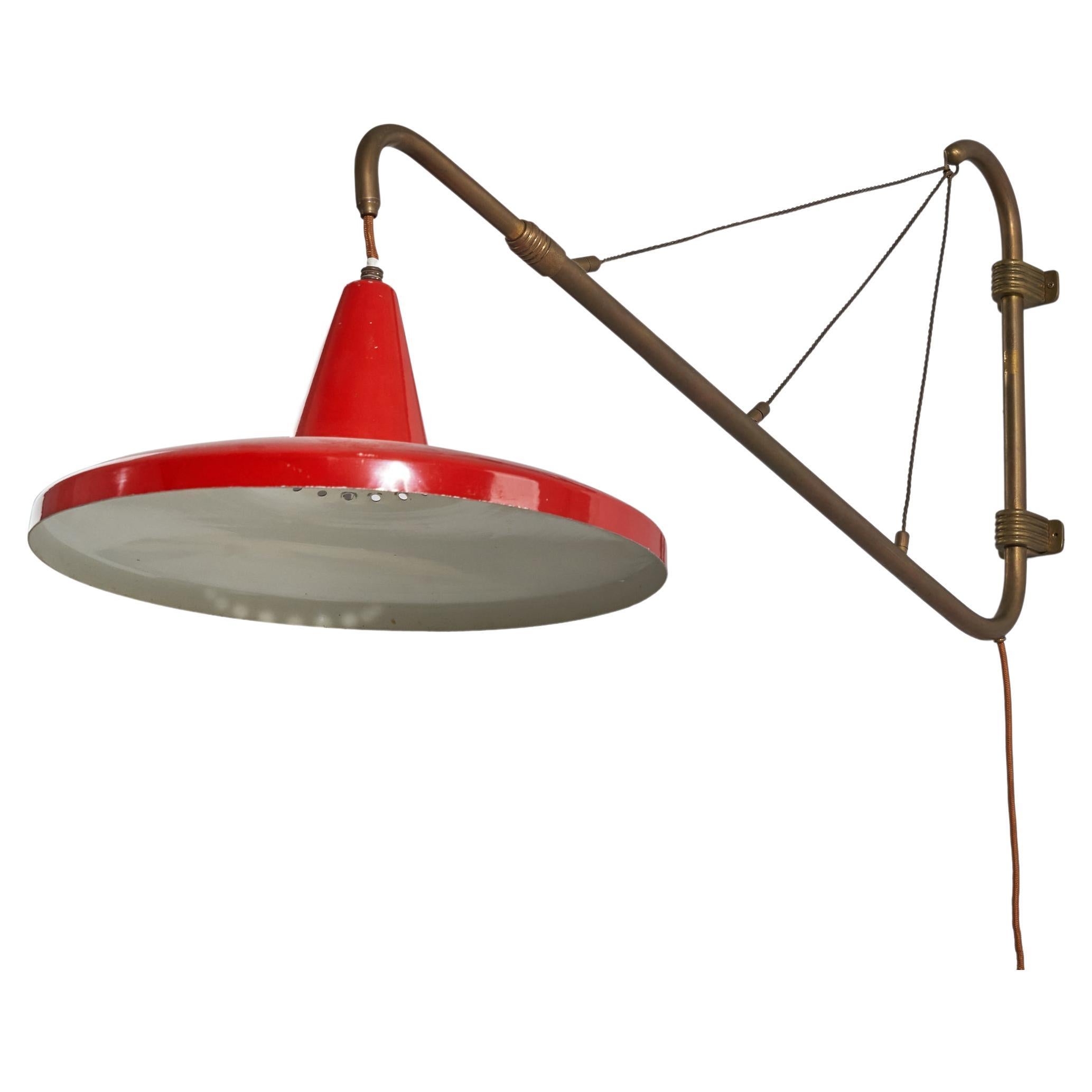 Italian Designer, Wall Light, Brass, Red Lacquered Metal, Italy, 1940s For Sale