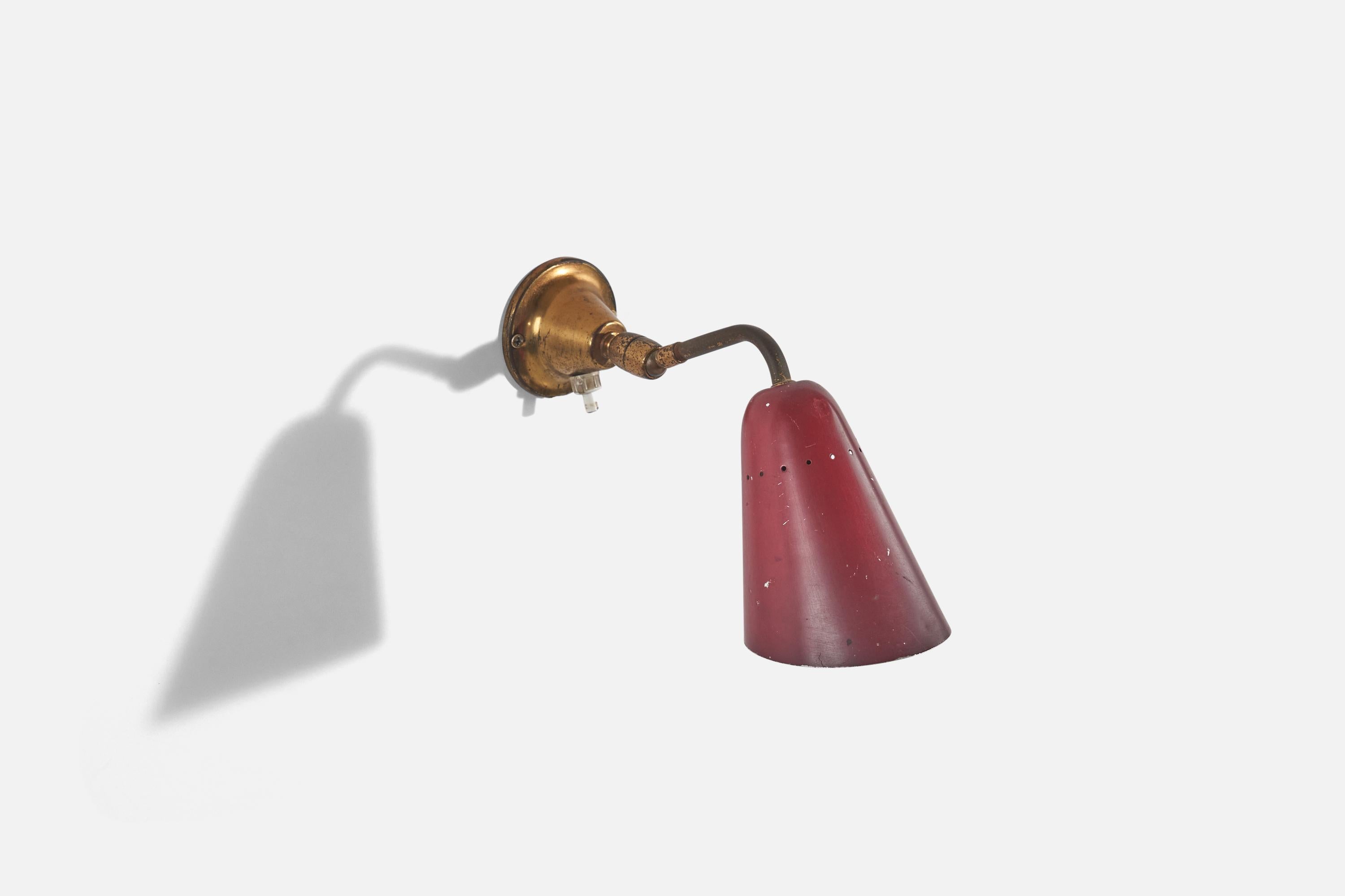 Mid-20th Century Italian Designer, Wall Light, Brass, Red Lacquered Metal, Italy, 1950s For Sale