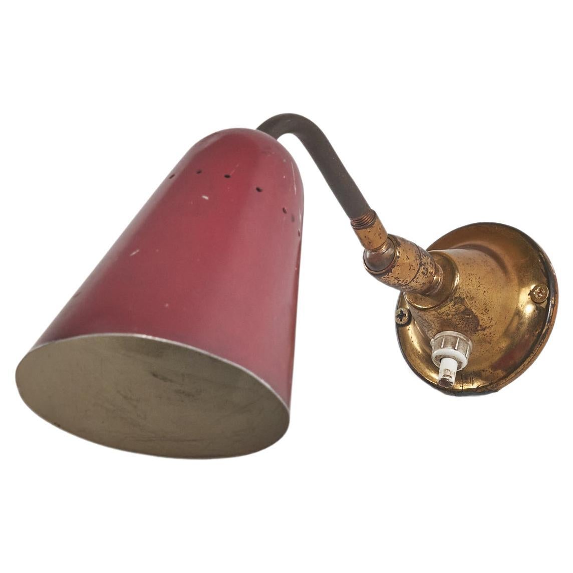 Italian Designer, Wall Light, Brass, Red Lacquered Metal, Italy, 1950s