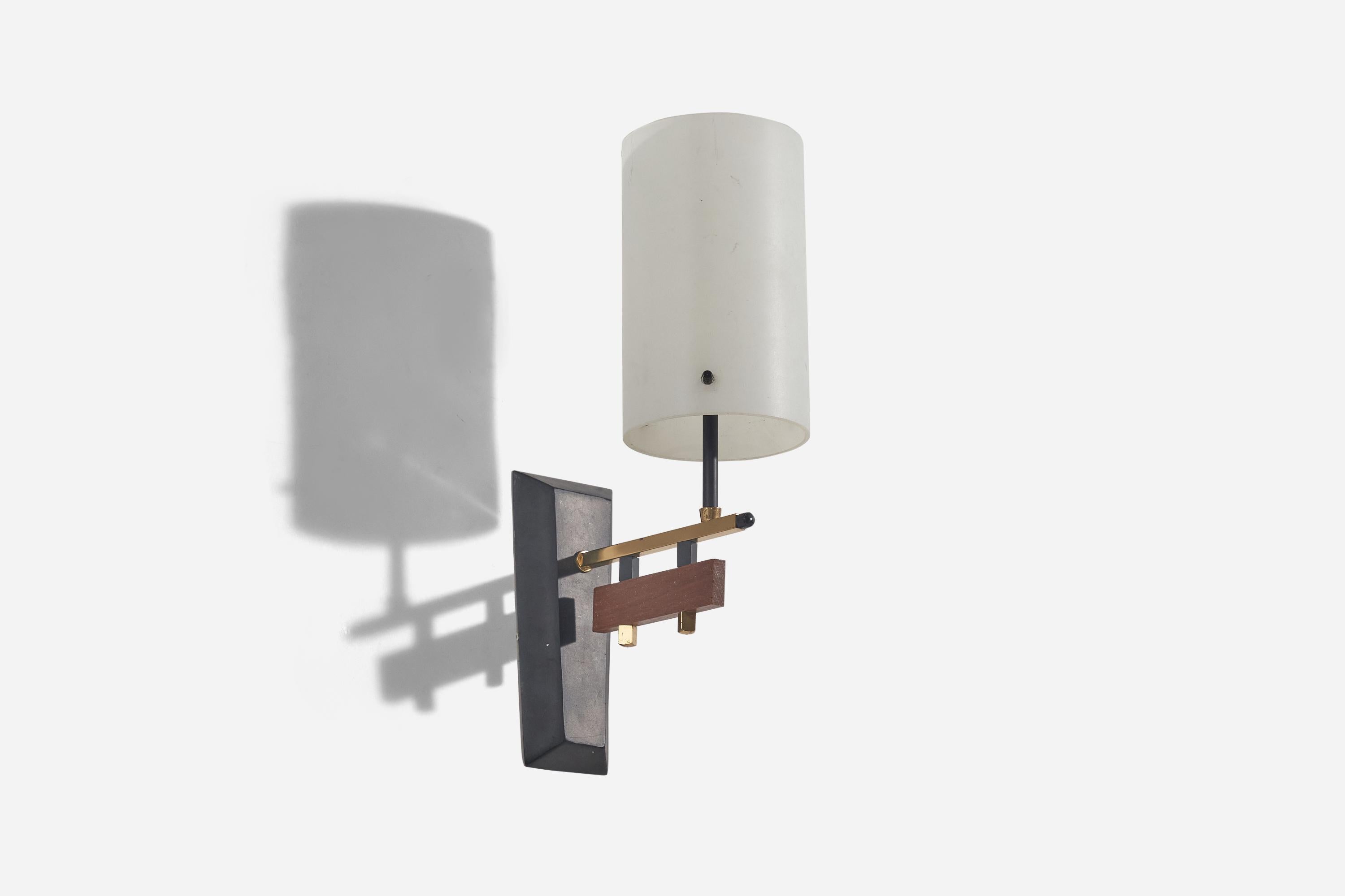 Mid-Century Modern Italian Designer, Wall Light, Brass, Teak, Metal, Glass, Italy, 1950s
