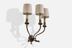 Italian Designer, Wall Light, Brass, Wood, Fabric, Italy, 1940s
