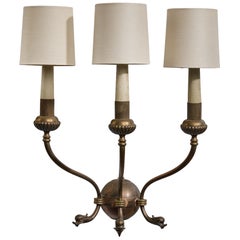 Italian Designer, Wall Light, Brass, Wood, Fabric, Italy, 1940s