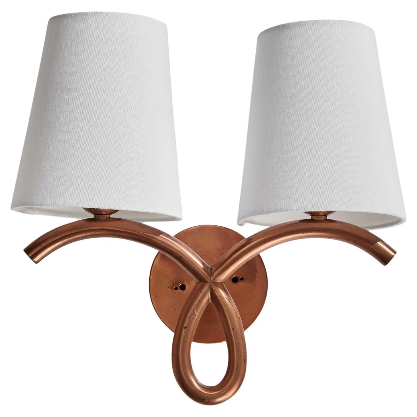 Italian Designer, Wall Light, Copper, Fabric, Italy, 1940s For Sale