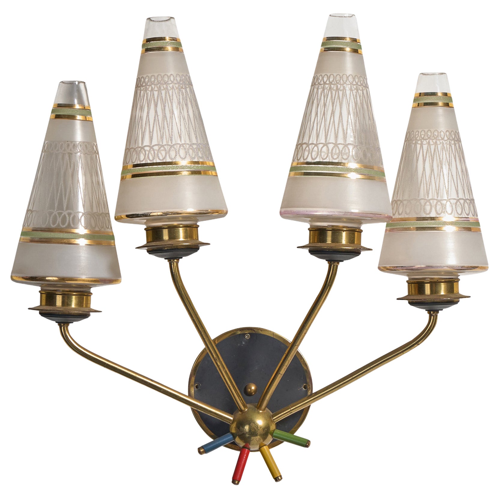 Italian Designer, Wall Light, Glass, Brass, Italy, 1950s