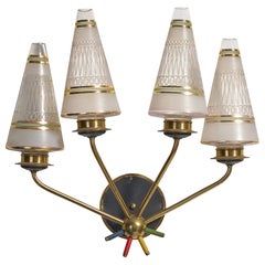 Italian Designer, Wall Light, Glass, Brass, Italy, 1950s