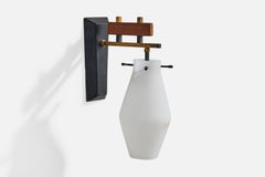 Italian Designer, Wall Light, Metal, Brass, Teak, Glass, Italy, 1950s