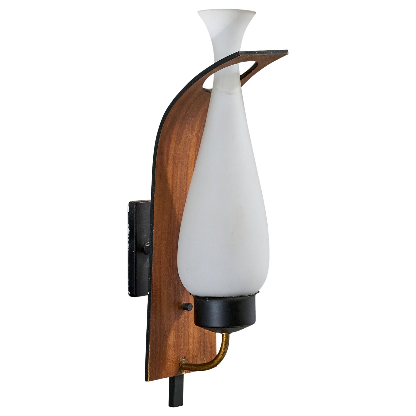 Lampada da parete di design italiano, metallo, ottone, teak, vetro, Italia, anni '50 in vendita