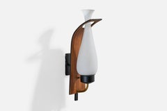 Italian Designer, Wall Light, Metal, Brass, Teak, Glass, Italy, 1950s