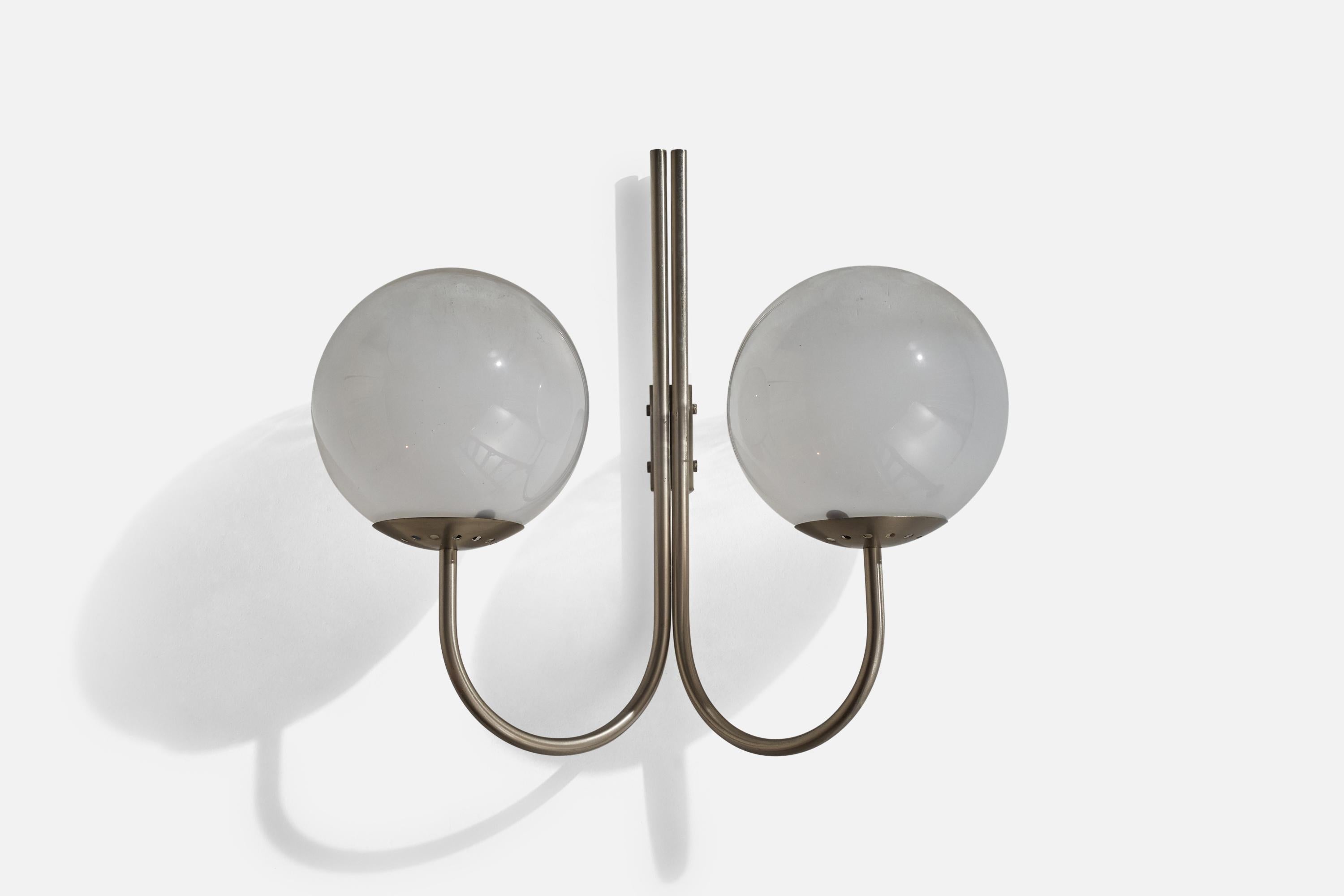 A two-armed nickel-plated braass and frosted glass wall light designed and produced in Italy, 1960s.

Overall Dimensions (inches): 23” H x 23”  W x 12” D
Back Plate Dimensions (inches): 4” H x 1.5”  W x .75” D
Bulb Specifications: E-26 Bulb
Number