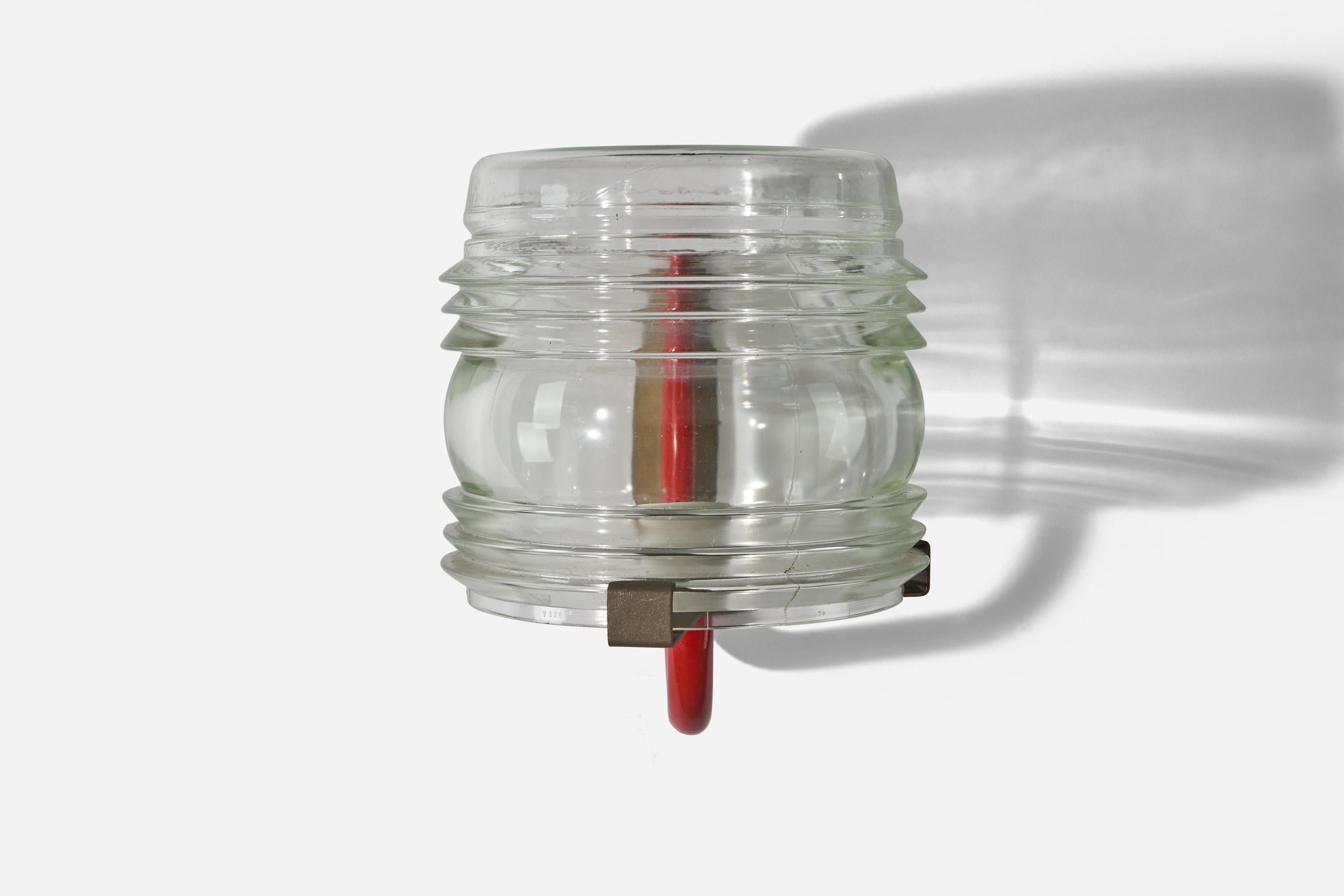 Italian Designer, Wall Light, Red Lacquered Metal, Brass, Glass, Italy, 1960s For Sale 1