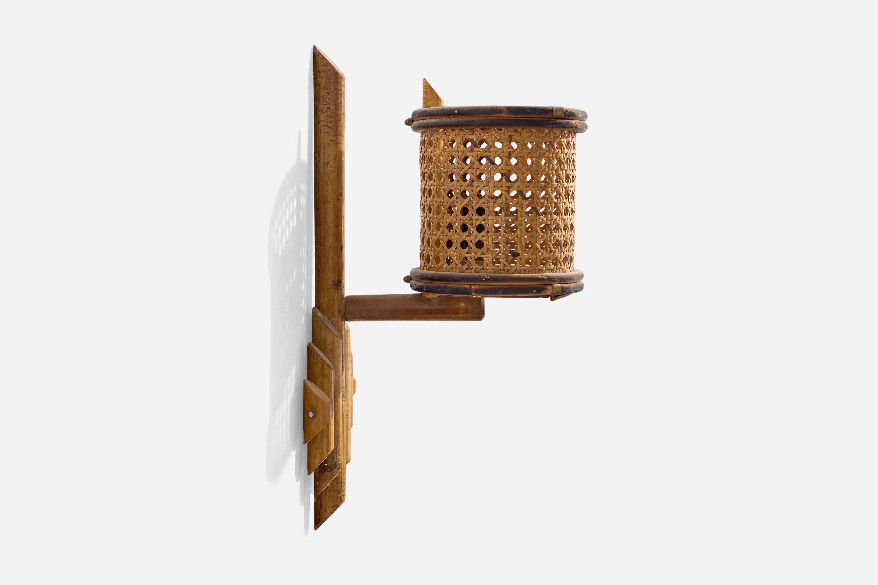 Italian Designer, Wall Lights, Bamboo, Cane, Italy, 1960s For Sale 1