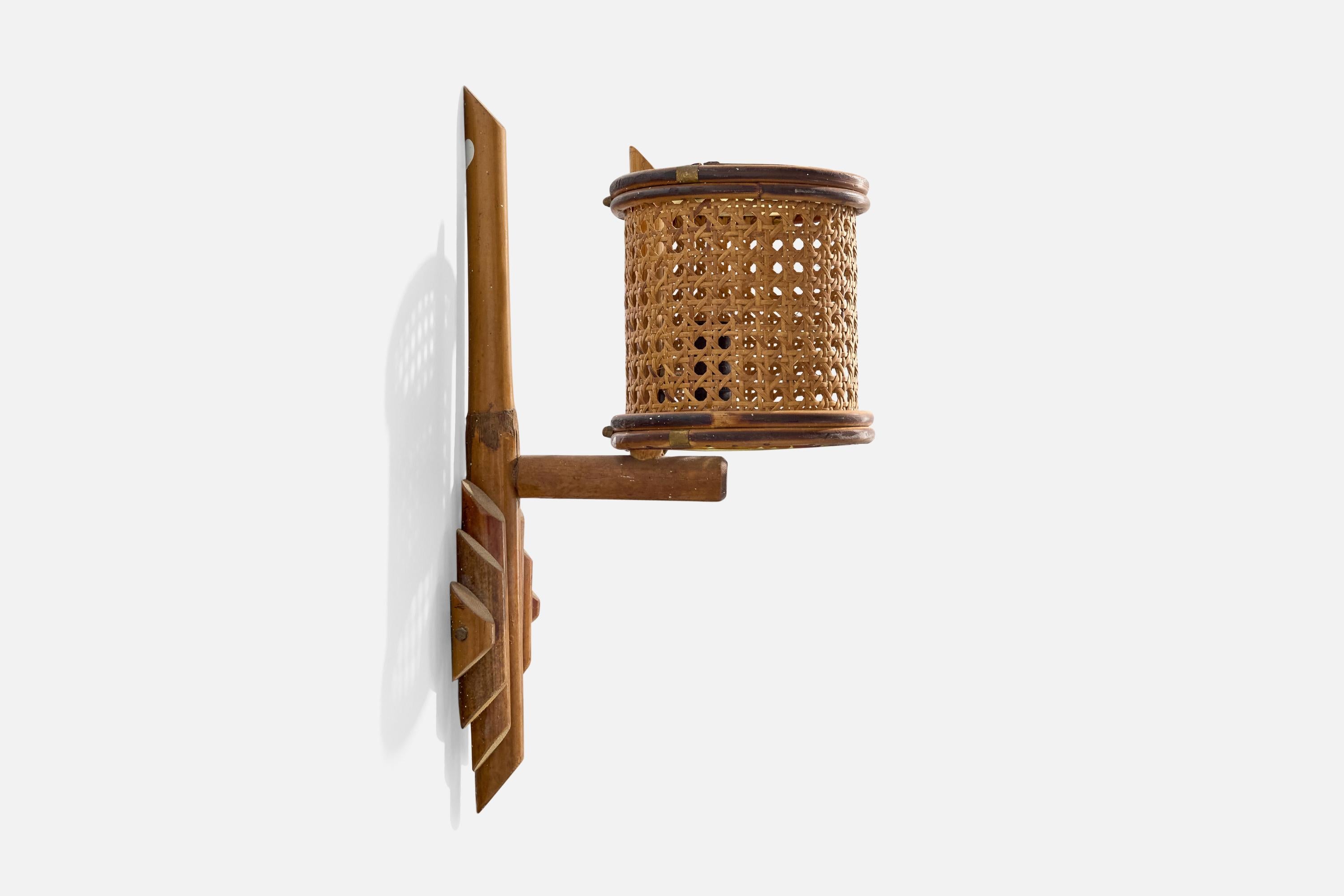 Italian Designer, Wall Lights, Bamboo, Cane, Italy, 1960s For Sale 1