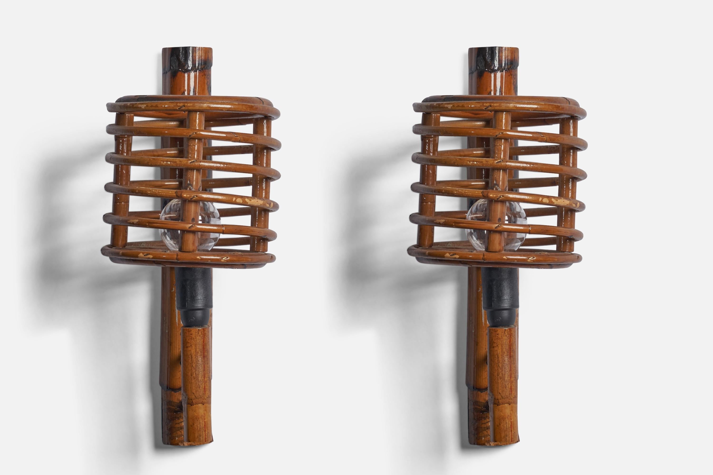 Late 20th Century Italian Designer, Wall Lights, Bamboo, Rattan, Italy, 1970s For Sale