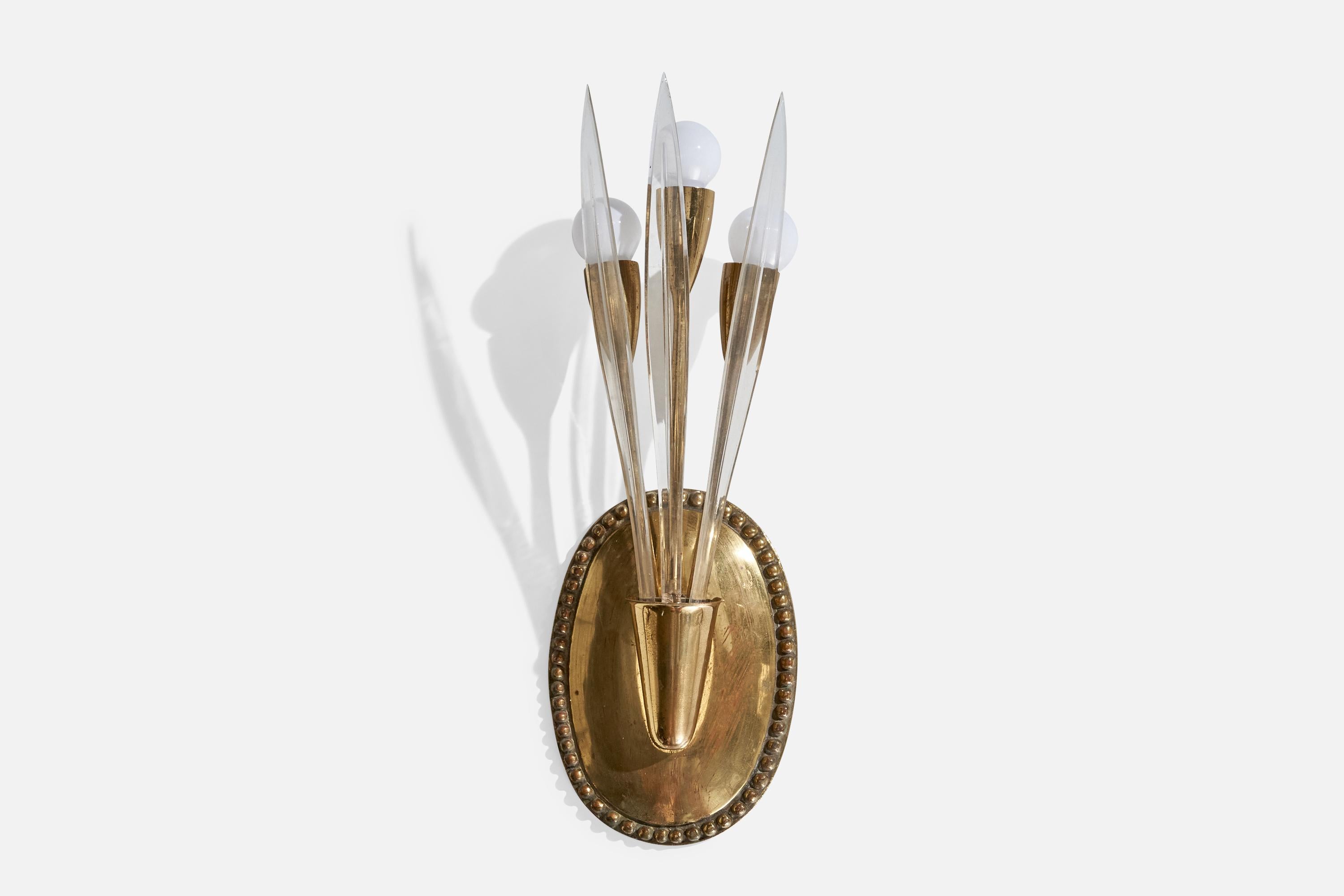 Mid-Century Modern Italian Designer, Wall Lights, Brass, Acrylic, Italy, 1960s For Sale