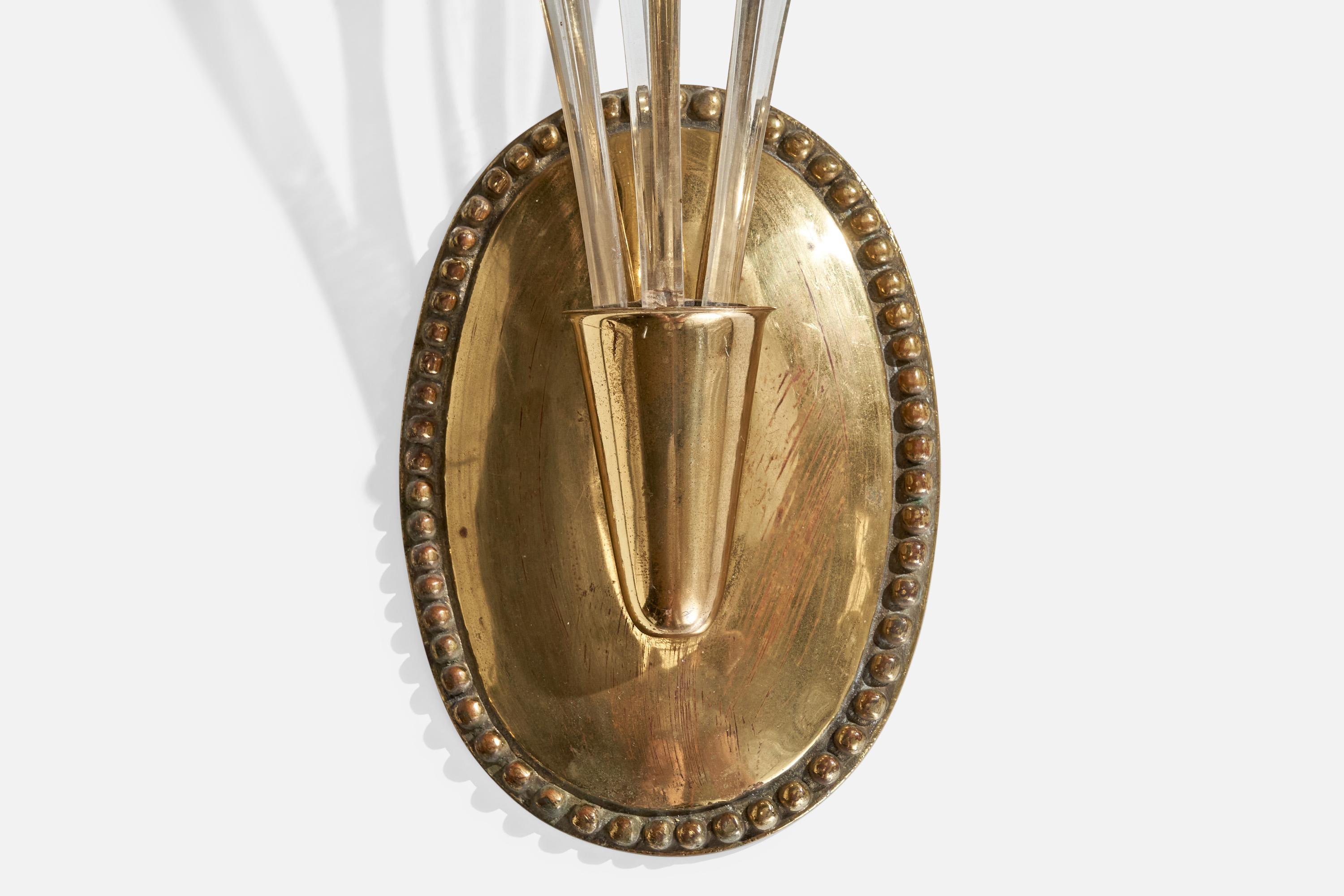 Italian Designer, Wall Lights, Brass, Acrylic, Italy, 1960s For Sale 1