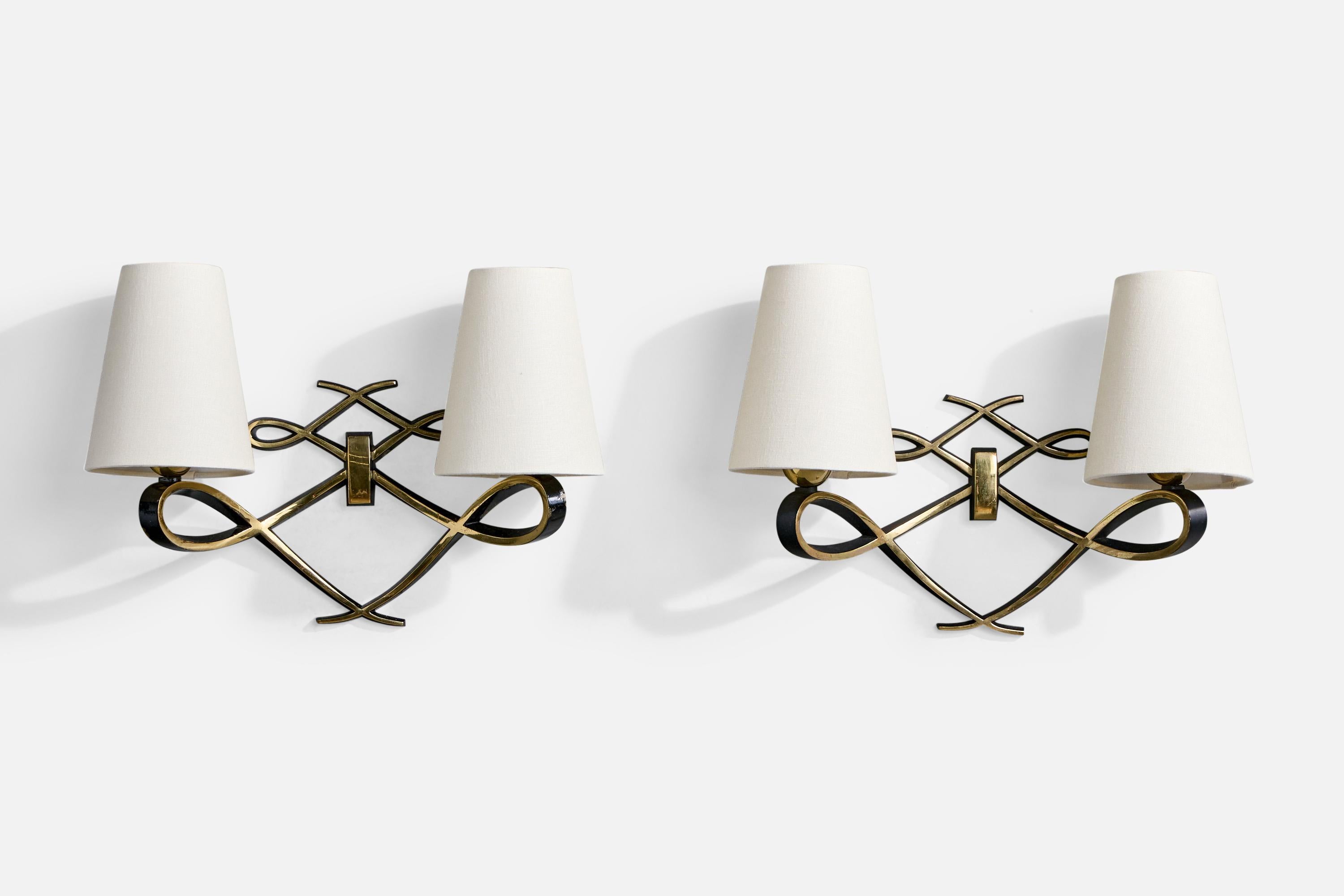 Italian Designer, Wall Lights, Brass, Fabric, Italy, 1930s In Good Condition In High Point, NC