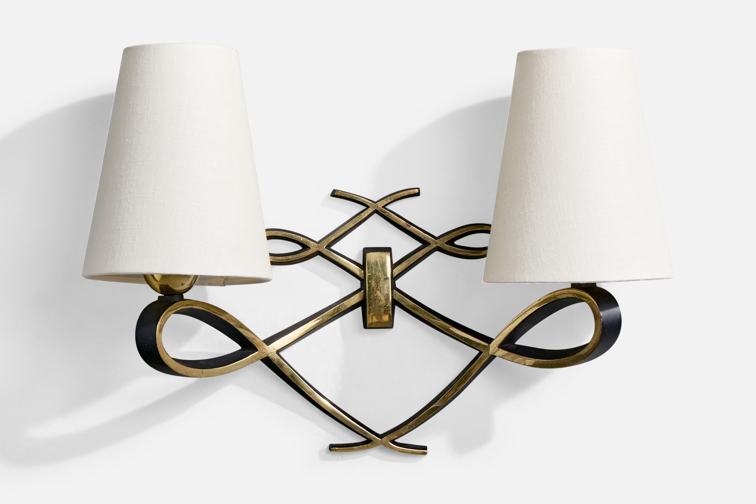 Mid-20th Century Italian Designer, Wall Lights, Brass, Fabric, Italy, 1930s