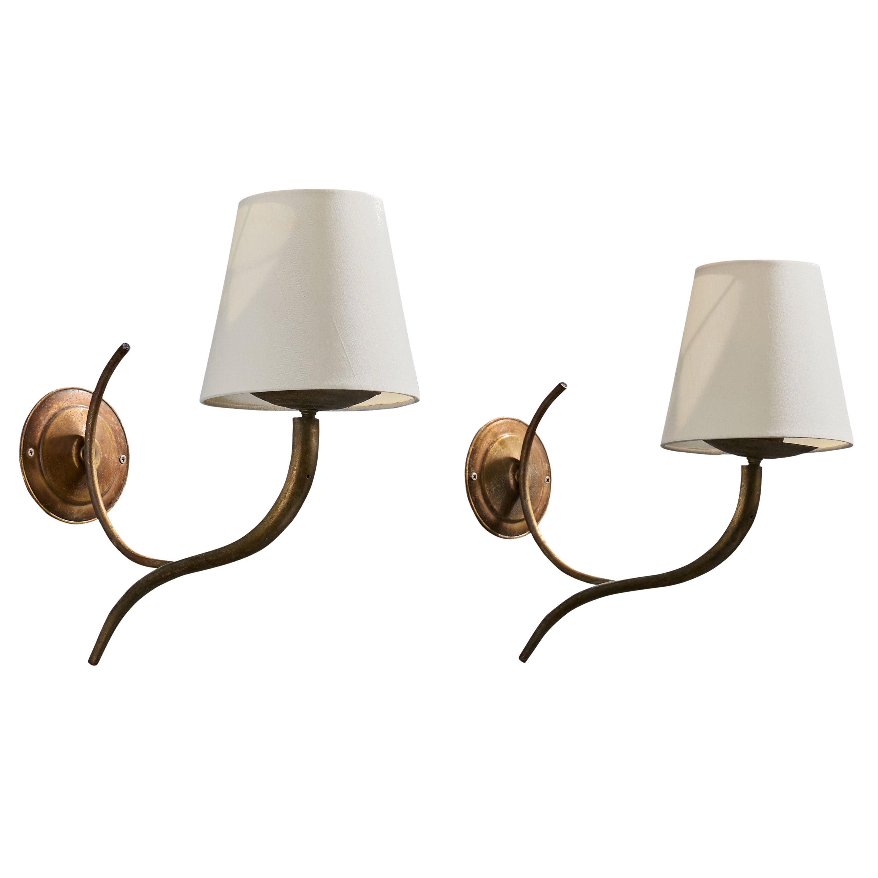 Italian Designer, Wall Lights, Brass, Fabric, Italy, 1930s