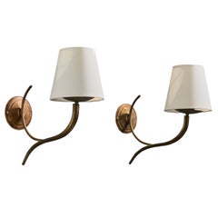 Italian Designer, Wall Lights, Brass, Fabric, Italy, 1930s