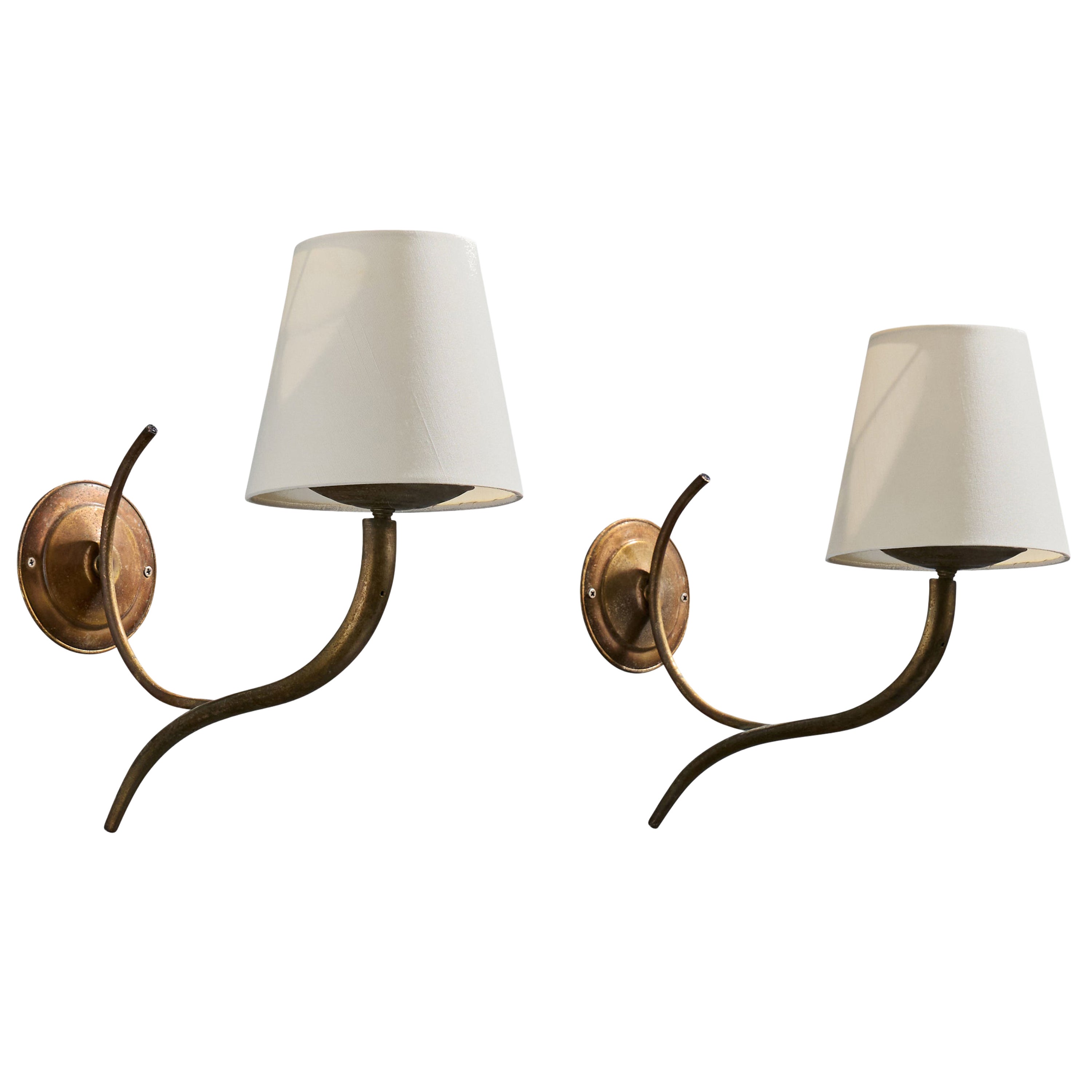 Italian Designer, Wall Lights, Brass, Fabric, Italy, 1930s