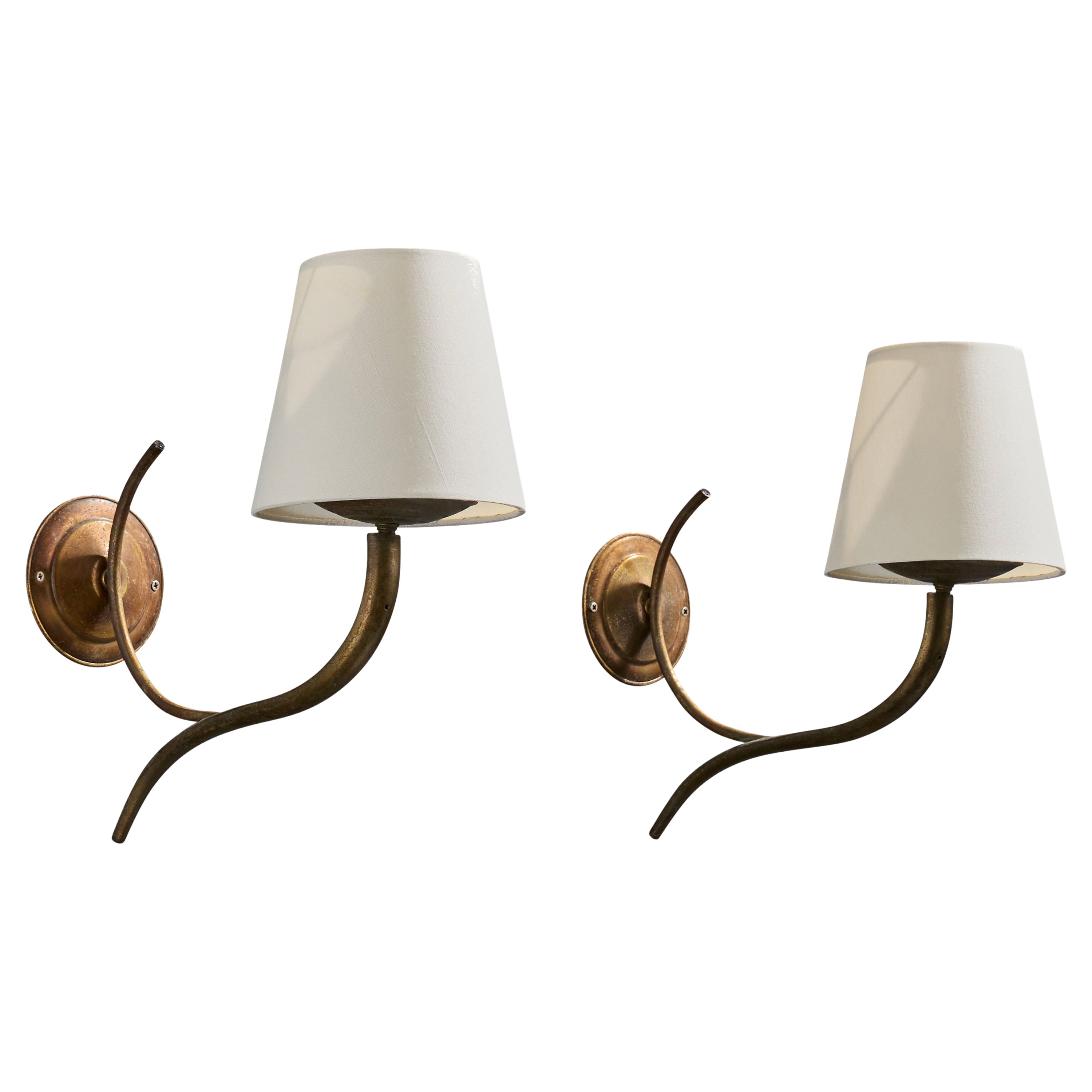 Italian Designer, Wall Lights, Brass, Fabric, Italy, 1930s