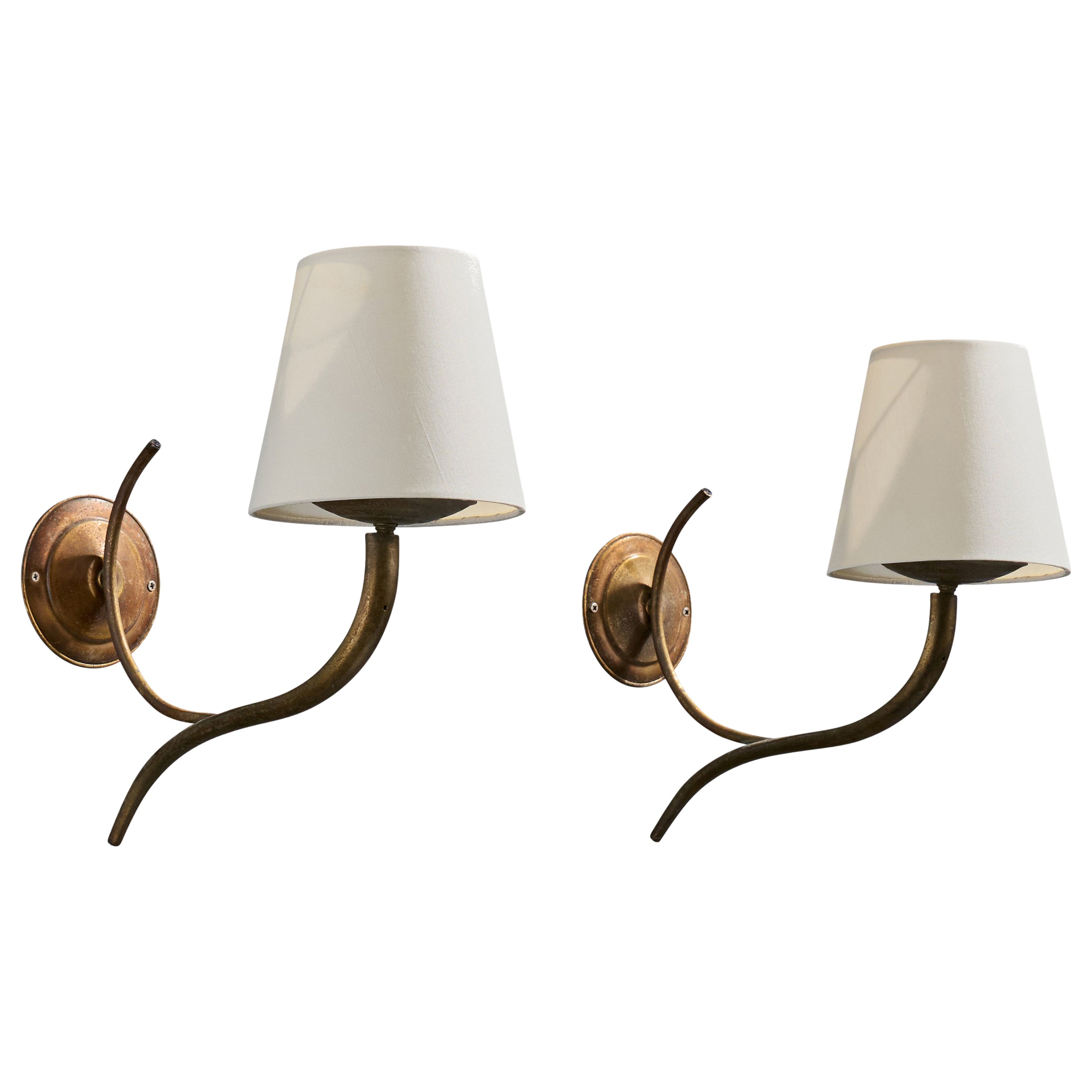 Italian Designer, Wall Lights, Brass, Fabric, Italy, 1930s For Sale