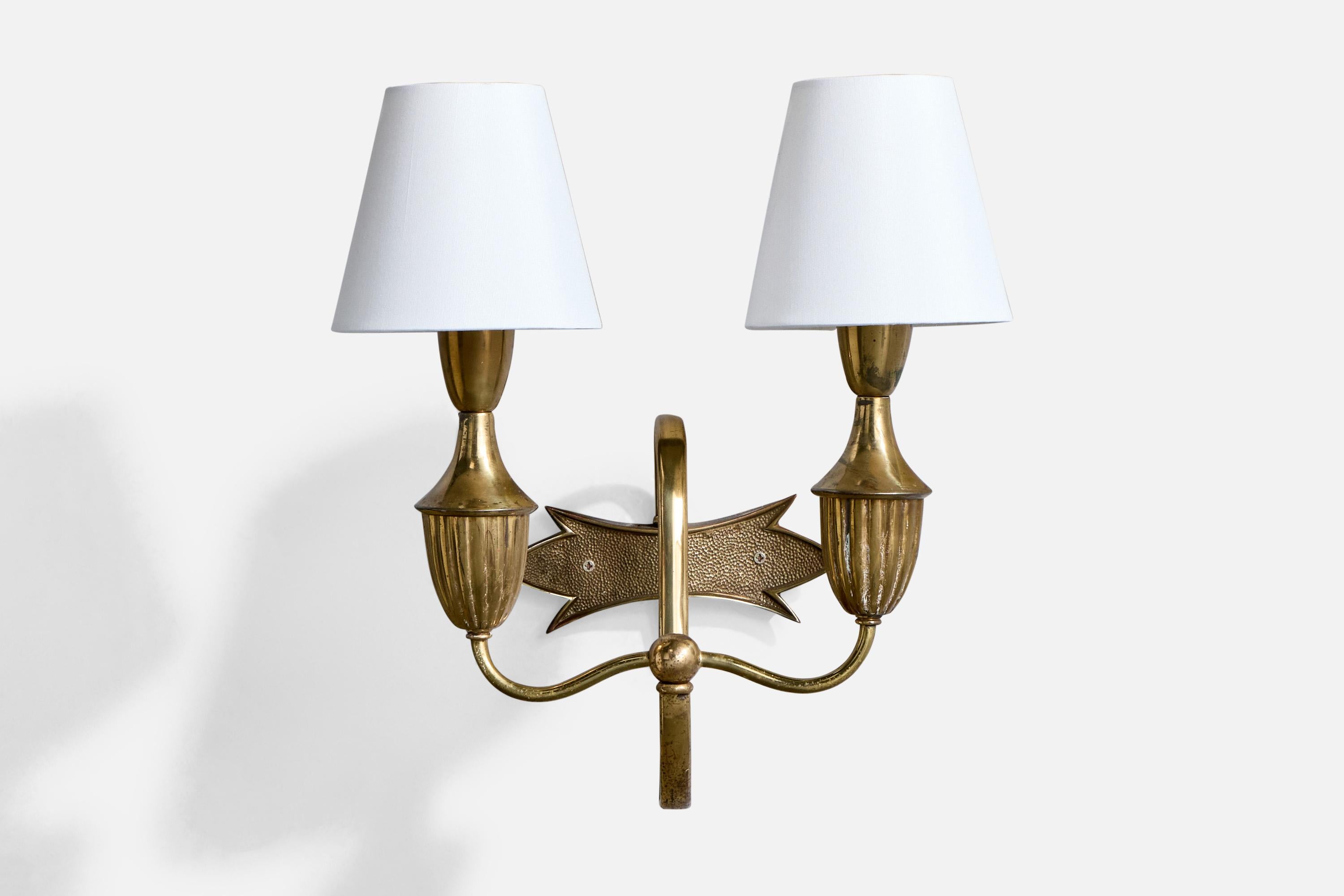 Mid-20th Century Italian Designer, Wall Lights, Brass, Fabric, Italy, 1940s For Sale