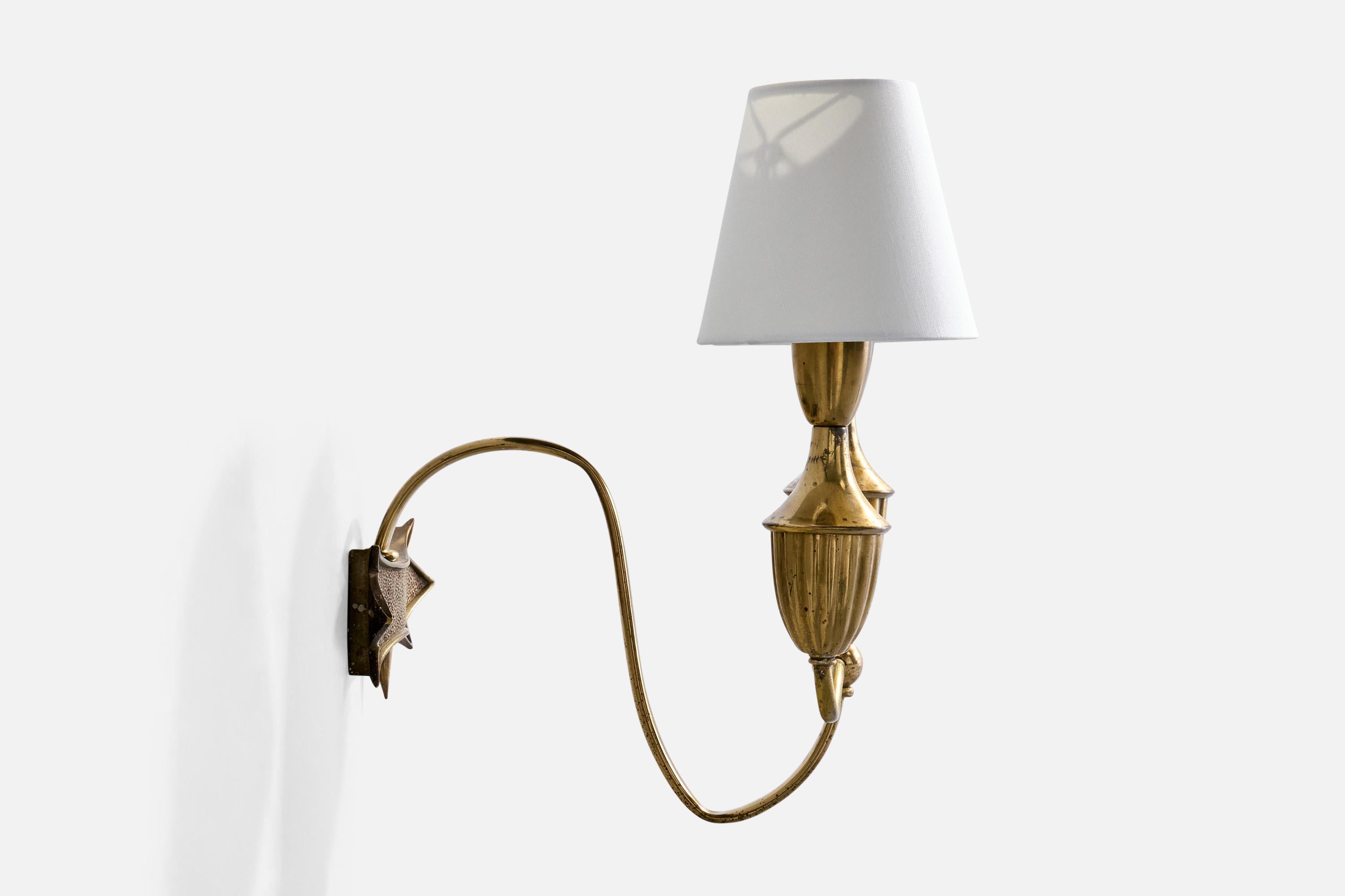 Italian Designer, Wall Lights, Brass, Fabric, Italy, 1940s For Sale 1