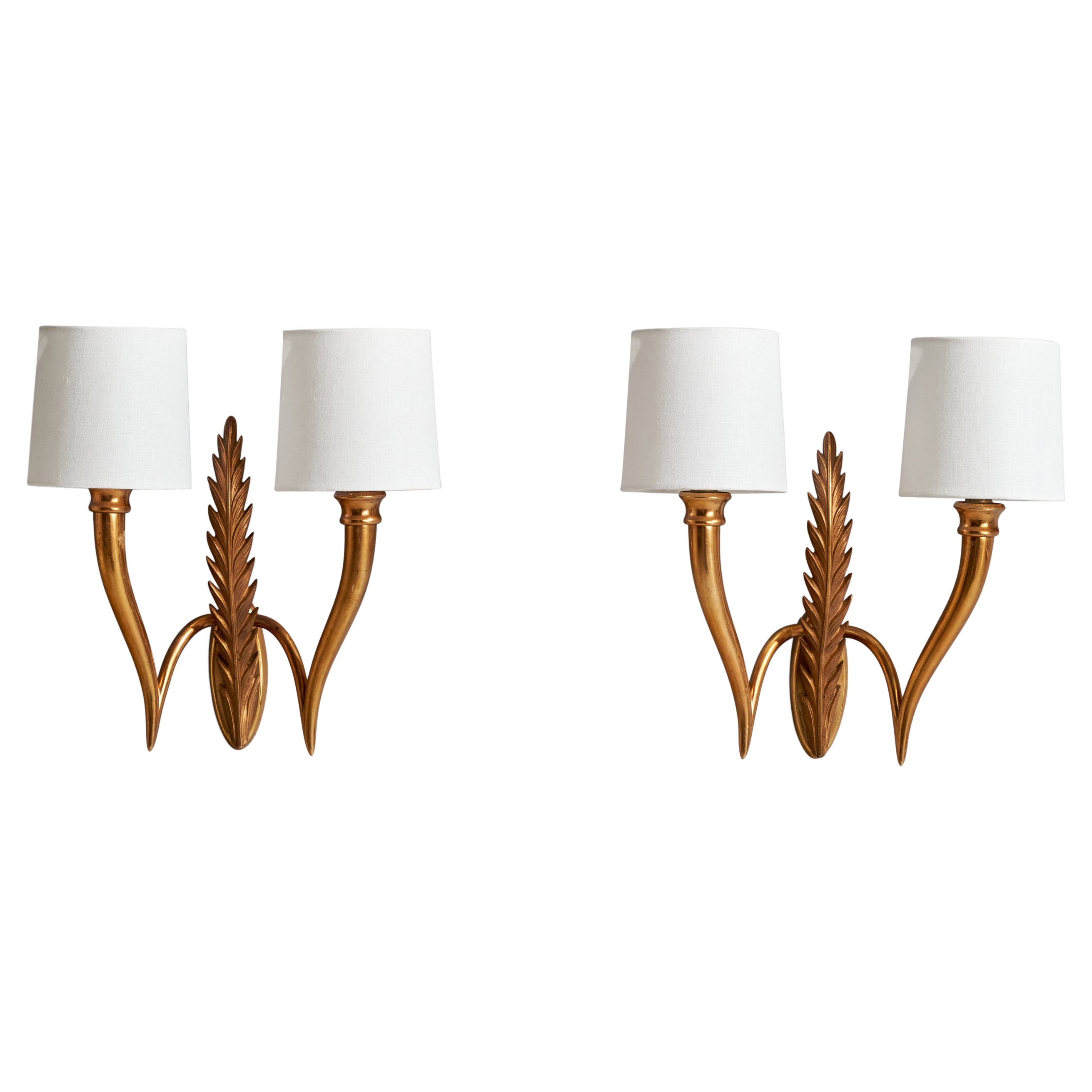 Italian Designer, Wall Lights, Brass, Fabric, Italy, 1940s