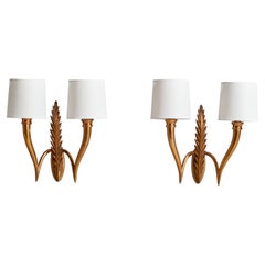 Italian Designer, Wall Lights, Brass, Fabric, Italy, 1940s