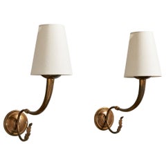 Italian Designer, Wall Lights, Brass, Fabric, Italy, 1940s