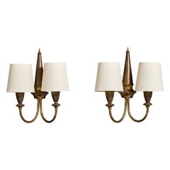 Italian Designer, Wall Lights, Brass, Fabric, Italy, 1940s
