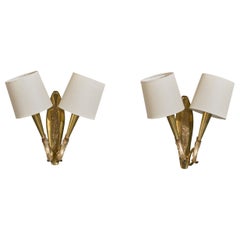 Italian Designer, Wall Lights, Brass, Fabric, Italy, 1940s