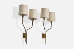 Italienischer Designer, Wandleuchten, Messing, Stoff, Italien, 1950er Jahre