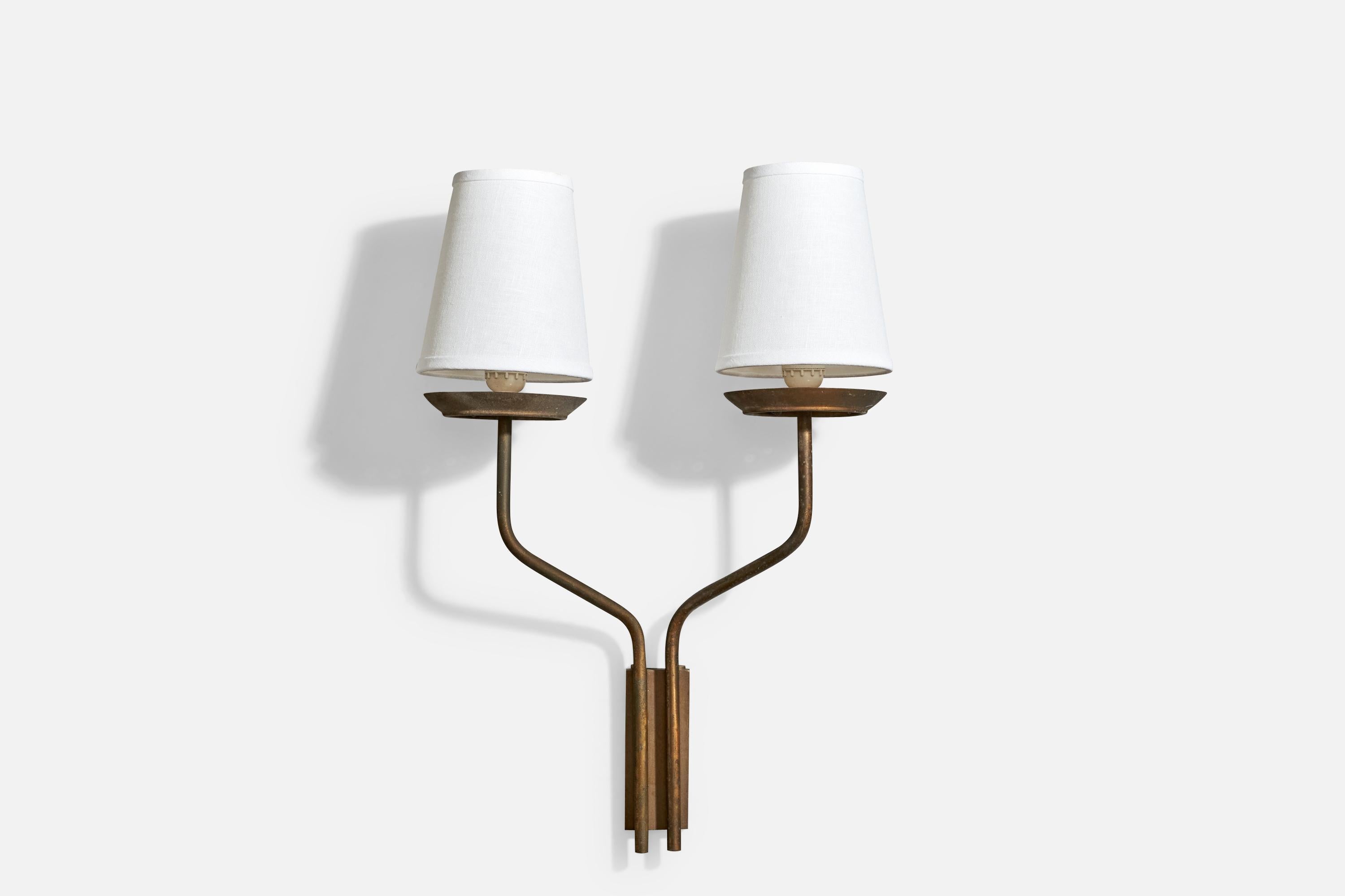 Mid-Century Modern Italian Designer, Wall Lights, Brass, Fabric, Italy, 1950s For Sale