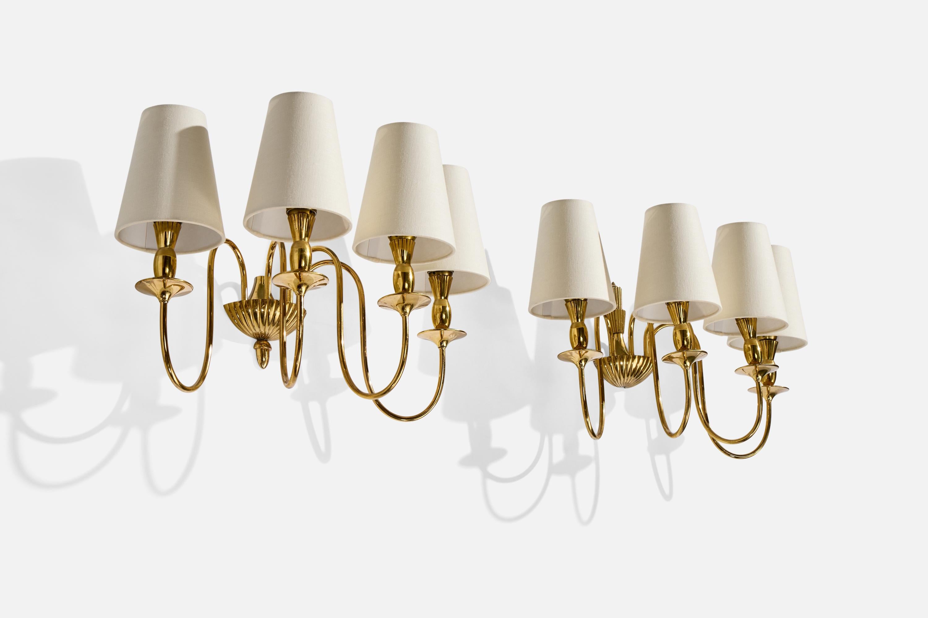 Mid-Century Modern Italian Designer, Wall Lights, Brass, Fabric, Italy, 1950s For Sale