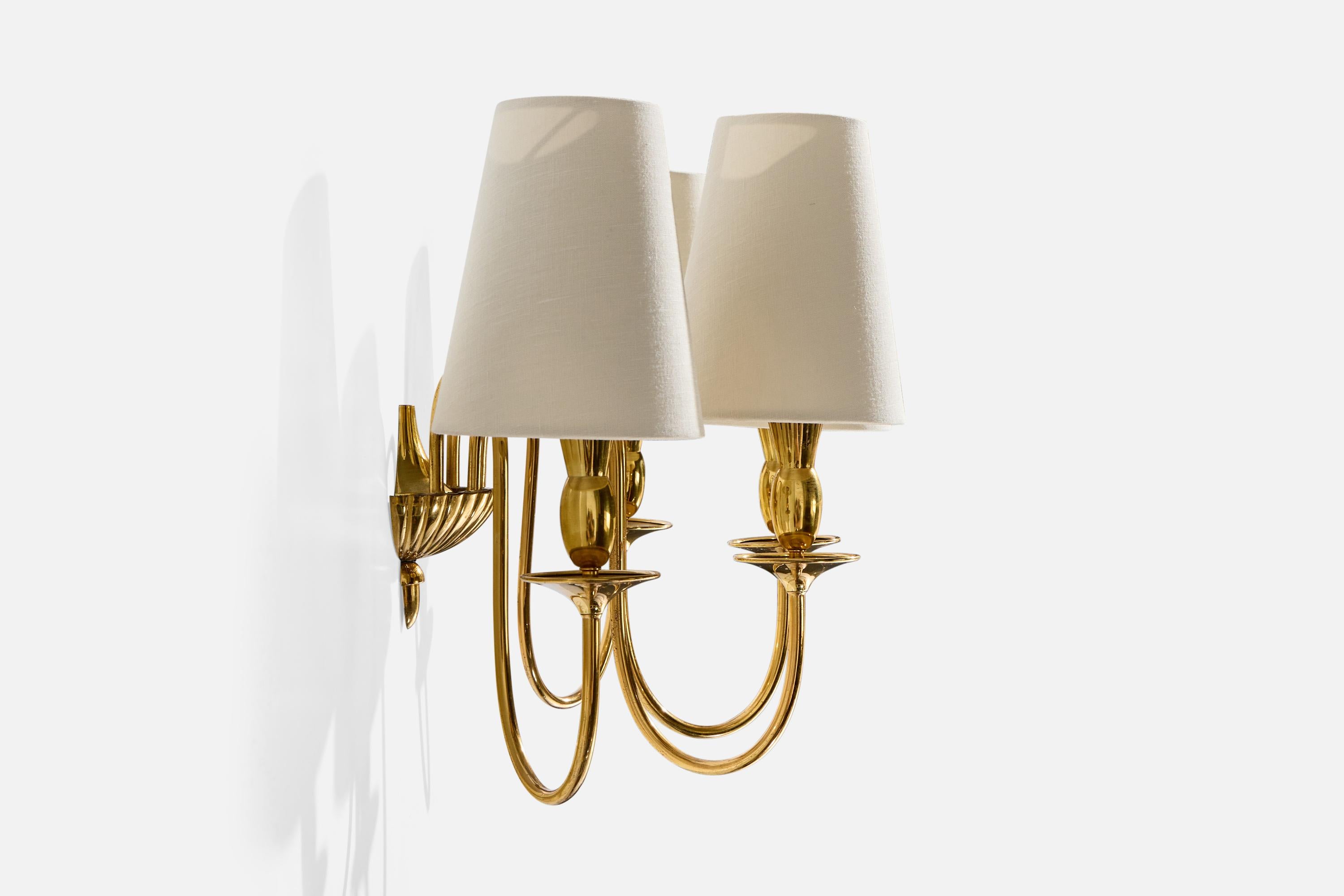 Mid-20th Century Italian Designer, Wall Lights, Brass, Fabric, Italy, 1950s For Sale