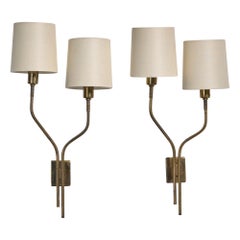Italienischer Designer, Wandleuchten, Messing, Stoff, Italien, 1950er Jahre