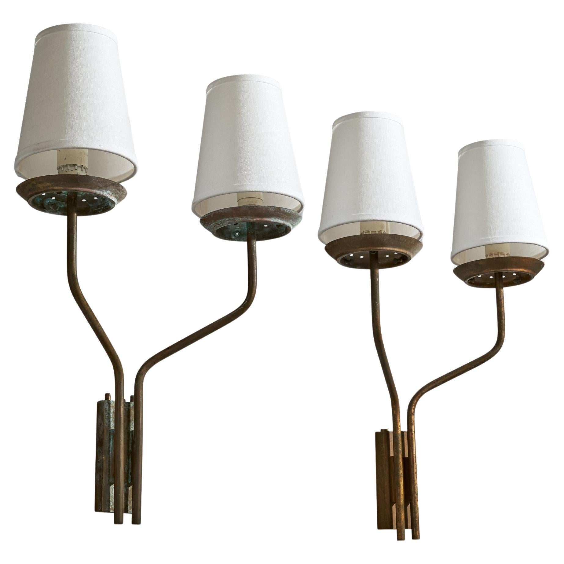 Italian Designer, Wall Lights, Brass, Fabric, Italy, 1950s