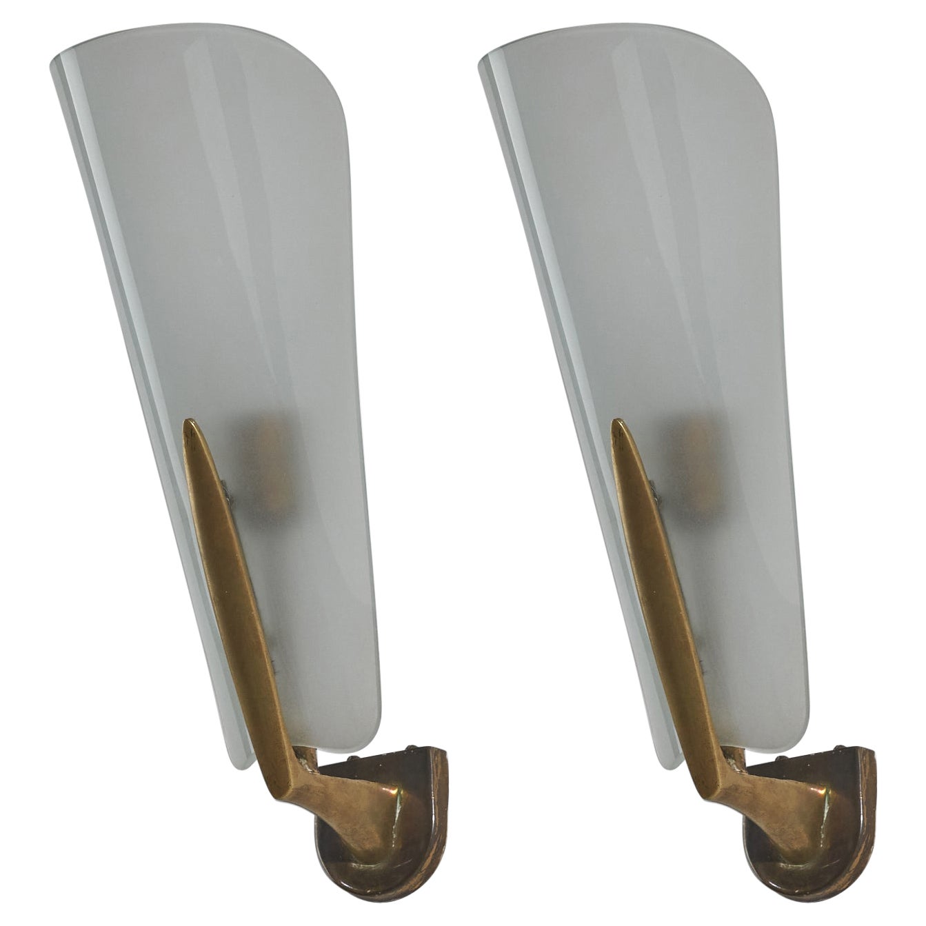 Italian Designer, Wall Lights, Brass, Frosted Glass, Italy, 1940s For Sale