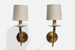 Italian Designer, Wall Lights, Brass, Glass, Fabric, Italy, 1950s