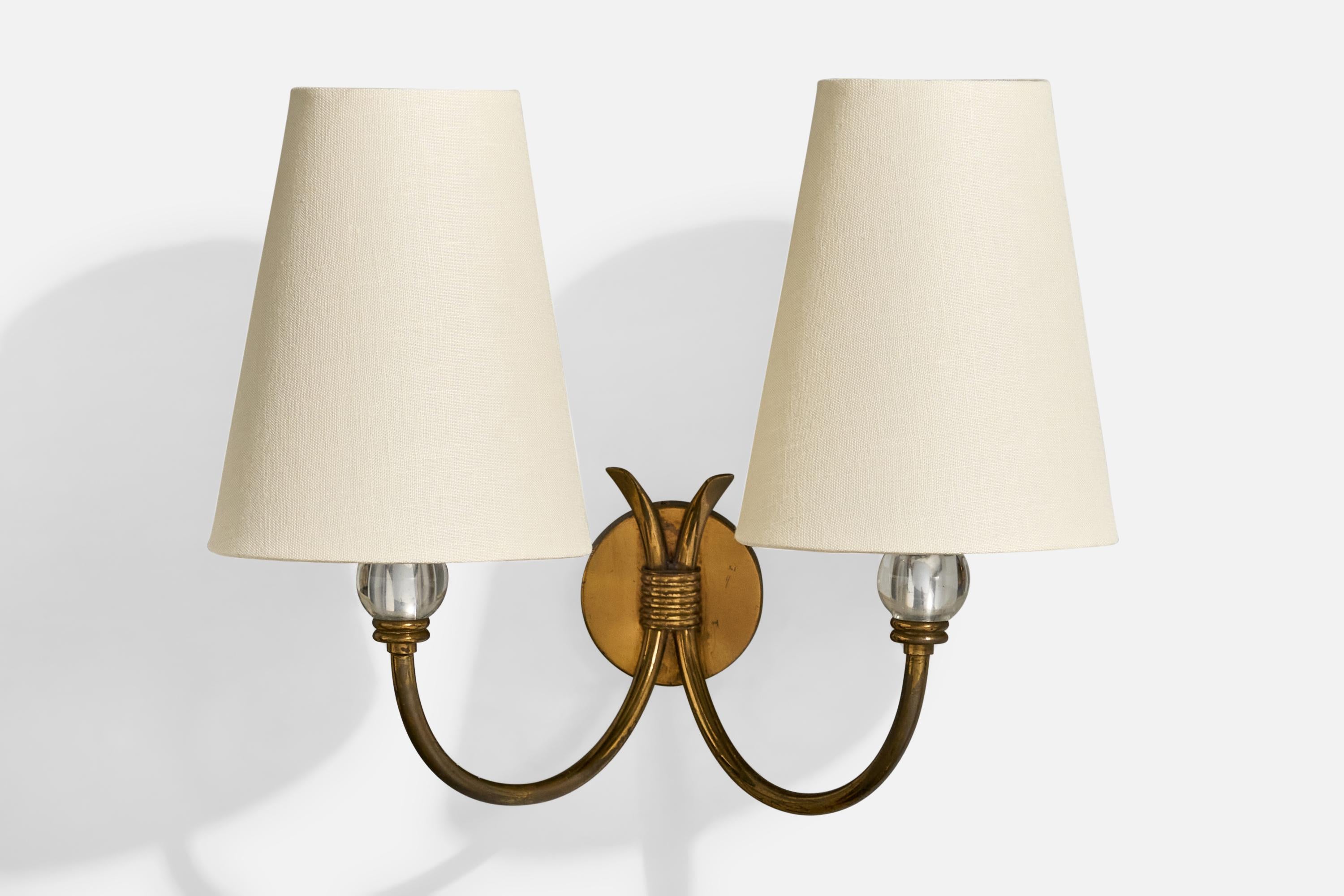 Mid-20th Century Italian Designer, Wall Lights, Brass, Glass, Fabric, Italy, 1950s For Sale