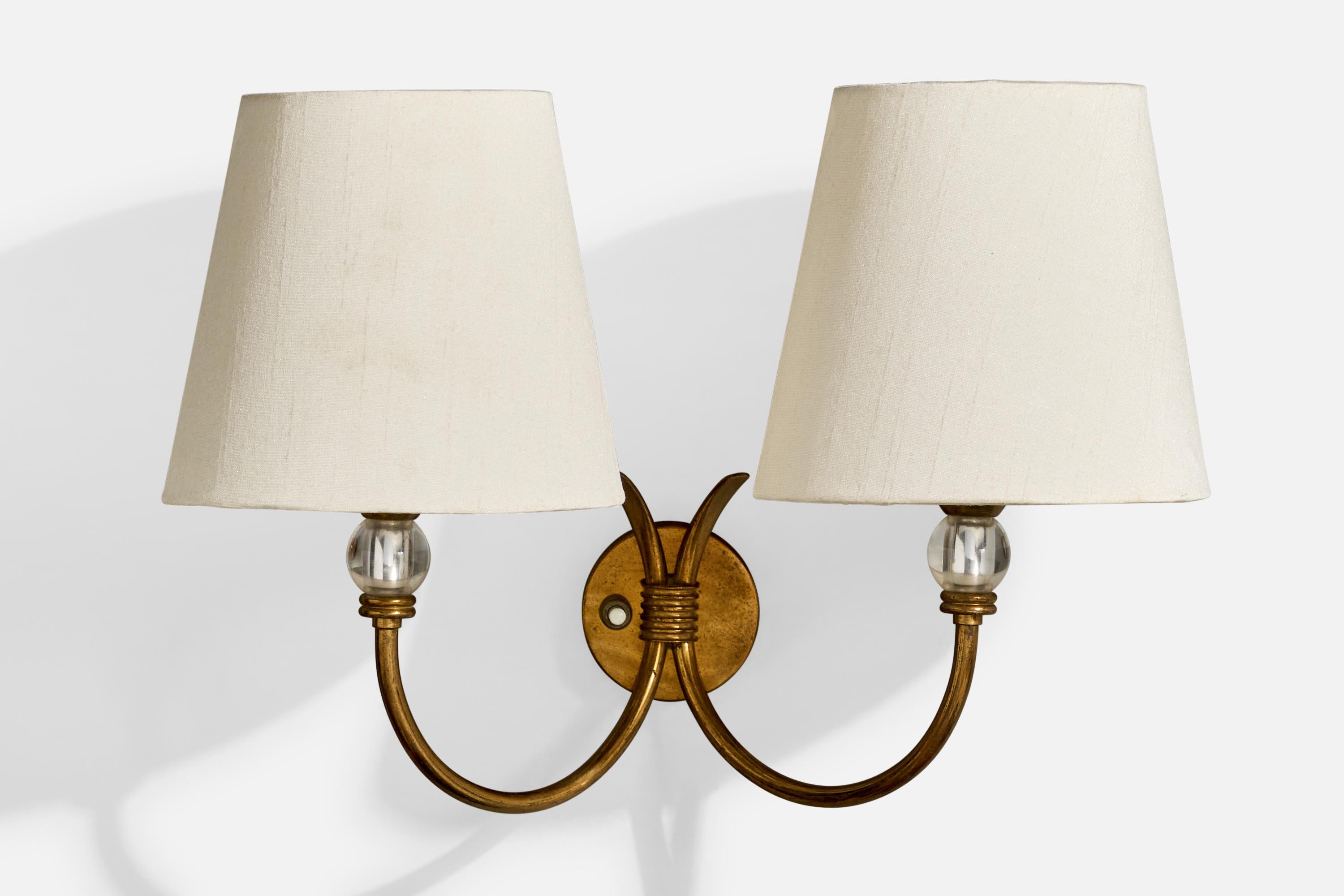 Mid-20th Century Italian Designer, Wall Lights, Brass, Glass, Fabric, Italy, 1950s For Sale