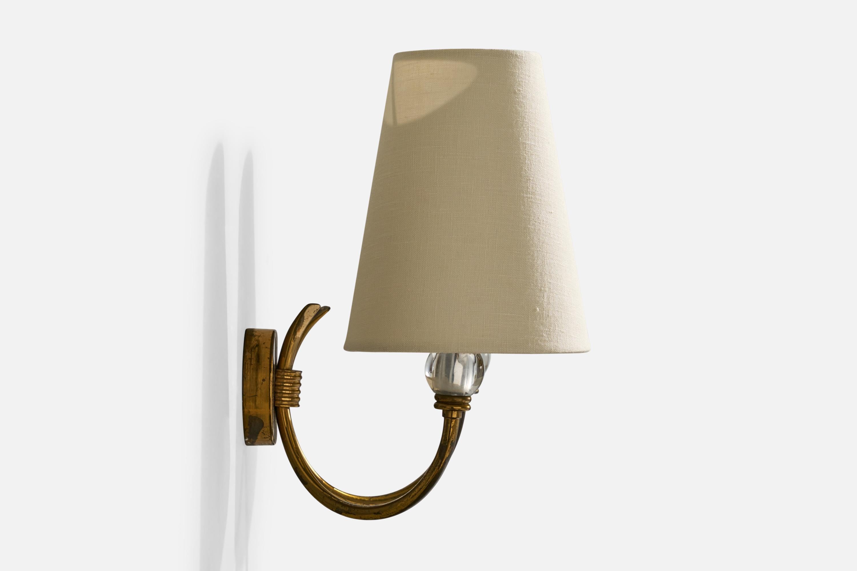 Italian Designer, Wall Lights, Brass, Glass, Fabric, Italy, 1950s For Sale 1