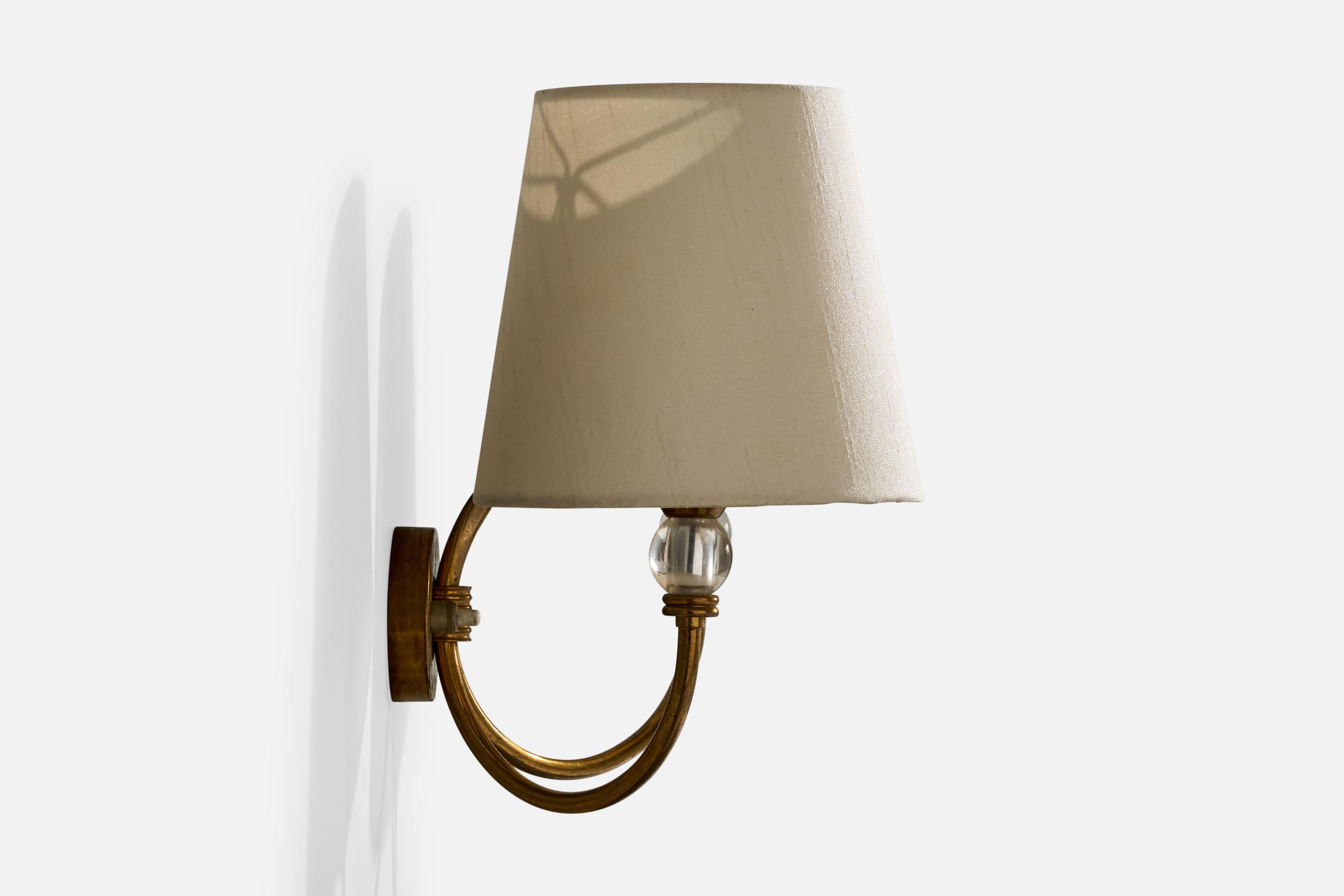 Italian Designer, Wall Lights, Brass, Glass, Fabric, Italy, 1950s For Sale 1